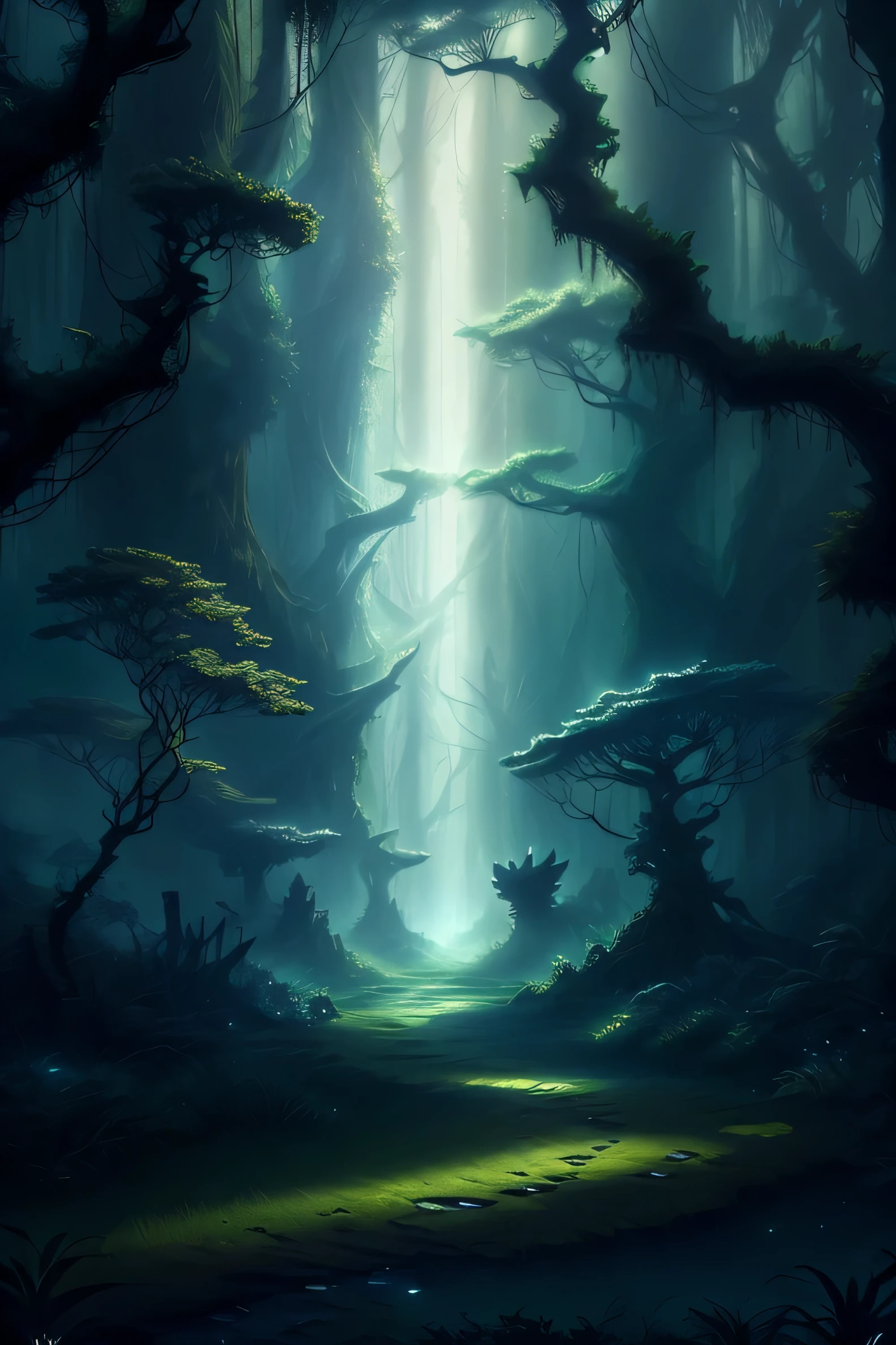 in a dark forest at night, The prompt is as follows:
(best quality,4k,8k,Altas,master part:1.2),ultra-detalhado,(Realistic,photoRealistic,photo-Realistic:1.37),Misterioso,encantado,Enluarado,ancient trees,Sombras,Folhas sussurrando,raios de luar,olhos brilhantes,criaturas errantes,caminho mal iluminado,atmosfera enevoada,midnight silence,evokes a feeling of secrecy,folhagem densa,Misterioso figures,Heart of Darkness,Under the starry sky,vagalumes cintilantes,galhos farfalharem,Ethereal tranquility,Tesouros escondidos,Segredos da Noite,animais secretos,invisible presence,mythical creatures,luar abafado,beleza assombrosa,dossel majestoso,dreamlike environment,sinfonia da meia-noite da natureza,wandering spirits,twisted roots,encantado whispers,Caminhos ocultos,Enluarado secrets,serene darkness,luminous Sombras,sabedoria antiga,ethereal glow,Reinos inexplorados,magical aura.