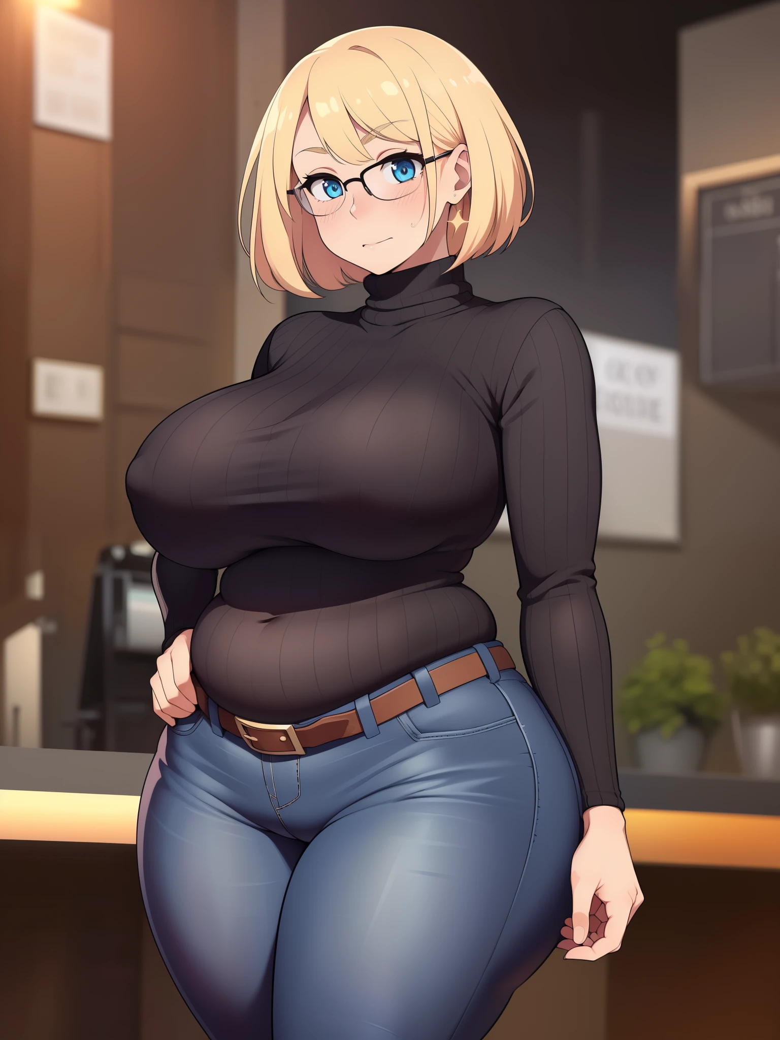 ((Masterpiece)), perfect anatomy, perfect shading, field of depth, (best quality), extremely delicate and beautiful, perfect lighting, detailed face, ultra cute face, cute, (cowboy shot 1.2), full body, (((1girl))), ((solo)), looking at viewer,
short hair, fluffy hair, blonde hair, blue eyes, Glasses, ((blush)), shy, nervous, embarrassed, (black turtleneck sweater 1.5), (jeans 1.2), belt, extremely tight clothes, medium breasts, ((wide hips)), ((thick thighs)), ((chubby)), belly bulge, belly hang, fat folds
coffee shop, intricate background, detailed background, hand on hip, holding coffee cup,