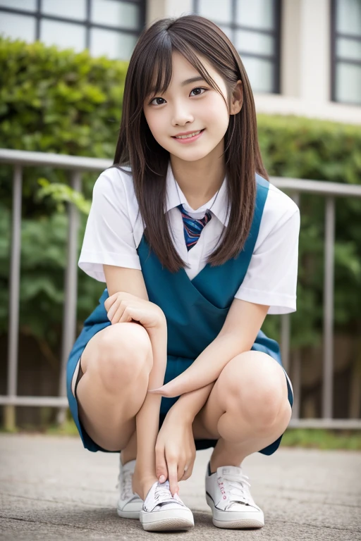 White lace fabric underwear、The crotch of the underwear is visible,(NSFW:0.99)、a beauty girl, (Skirt lifting), looking in camera, Angle from below, Short skirt, Squatting, Shy smile, Japan school uniform , Beautiful skin, ((of the highest quality, 16 K, masutepiece: 1.3)), 1 girl, Light on Face, hyperdetailed face, very detailed lips, Detailed eyes、real looking skin、White panties with cute design、Shaved、Variety of hairstyles、Uniforms of different colors、Dress naturally、vans sneakers light、Detailed panties