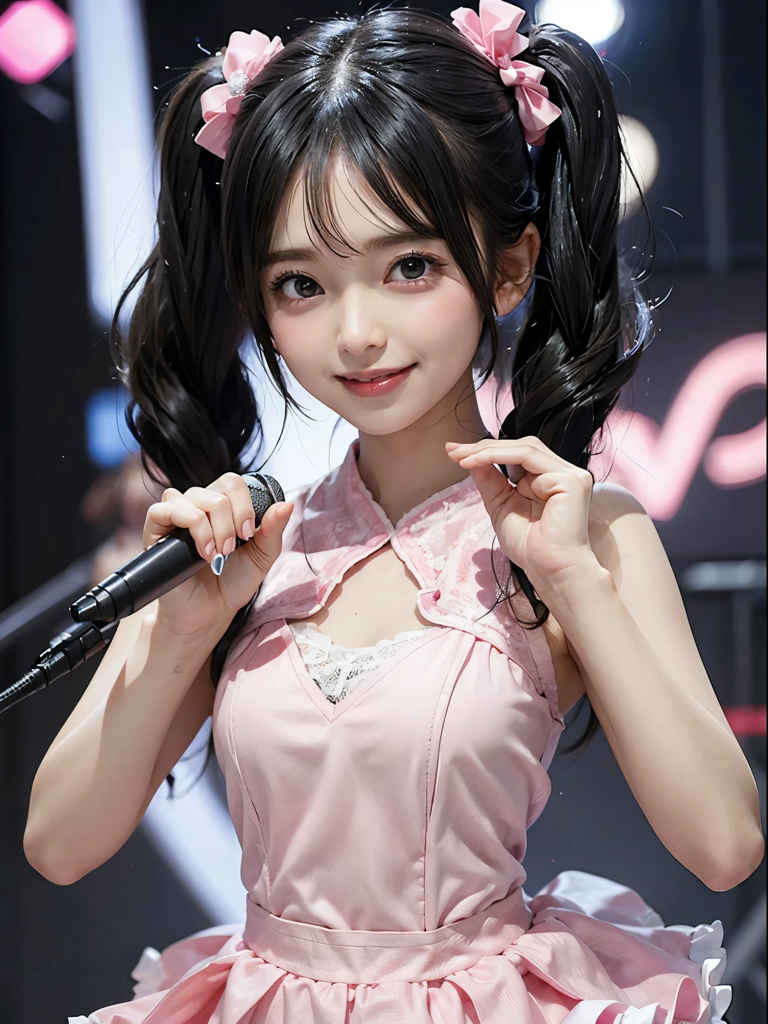 1 girl, black hair, half twintails, pink idol clothes, pretty face, sweat, smile, with microphone, highest quality, 8k