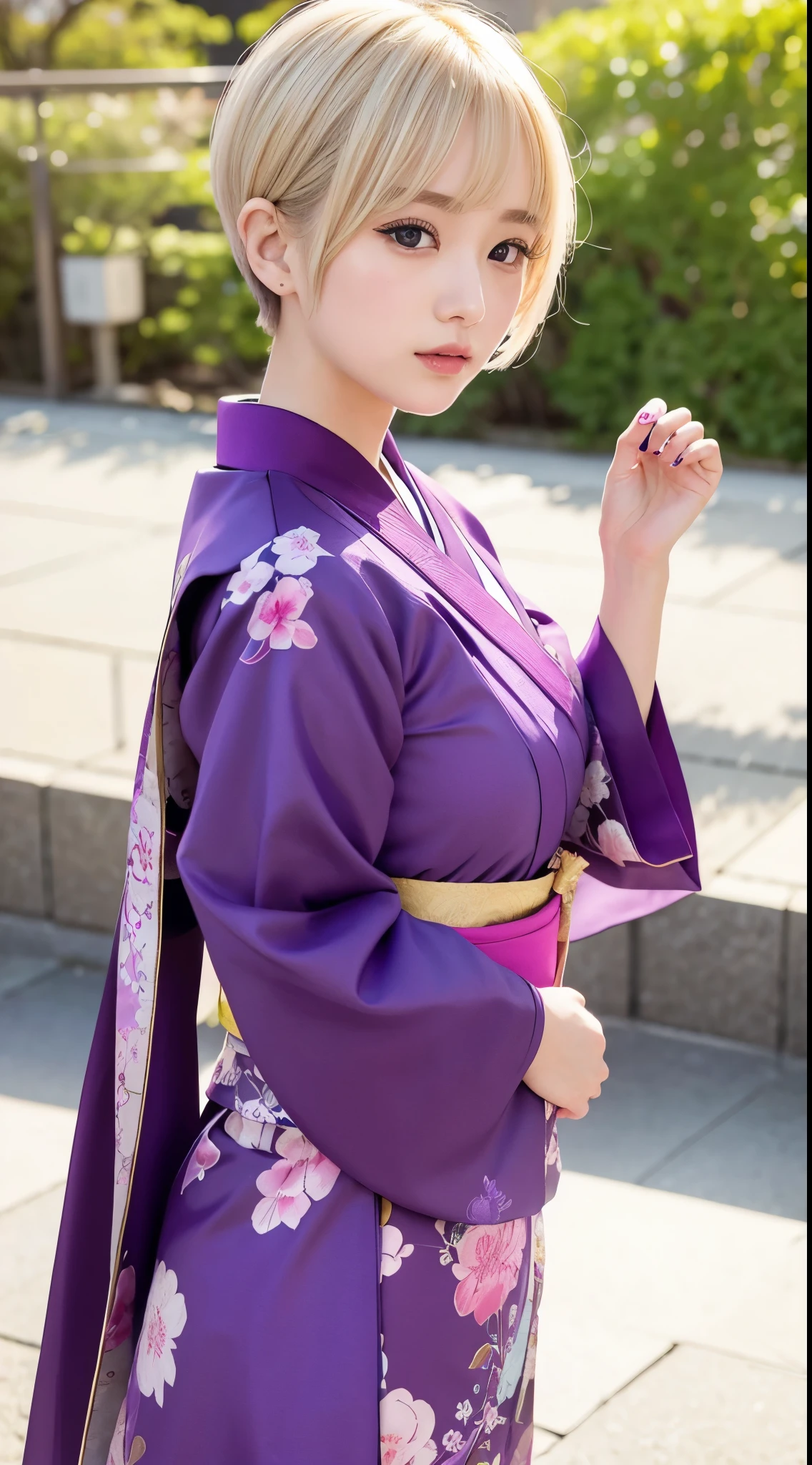 purple furisode、new year background、Blonde Short-Cut Hair