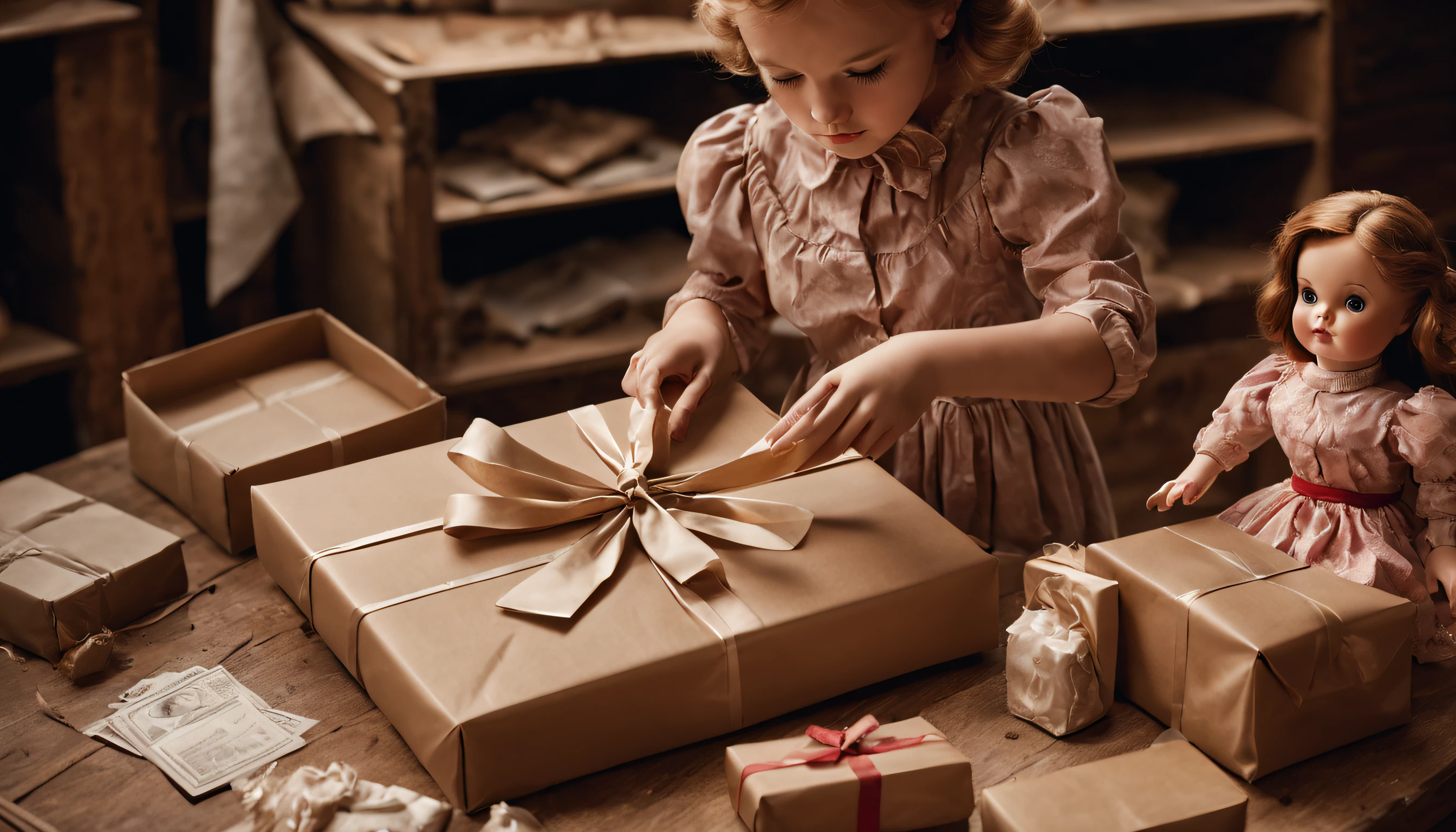 Generate an image depicting a collector unwrapping a mysterious package containing a vintage doll.
