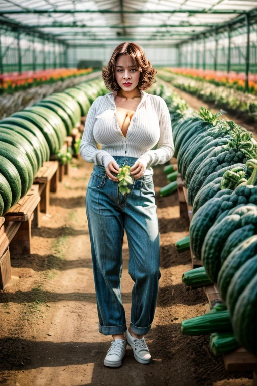 beautiful busty with vegetable in Farm Life, gigantic breasts,, giga_busty,Clothing in the pants style, full body shot