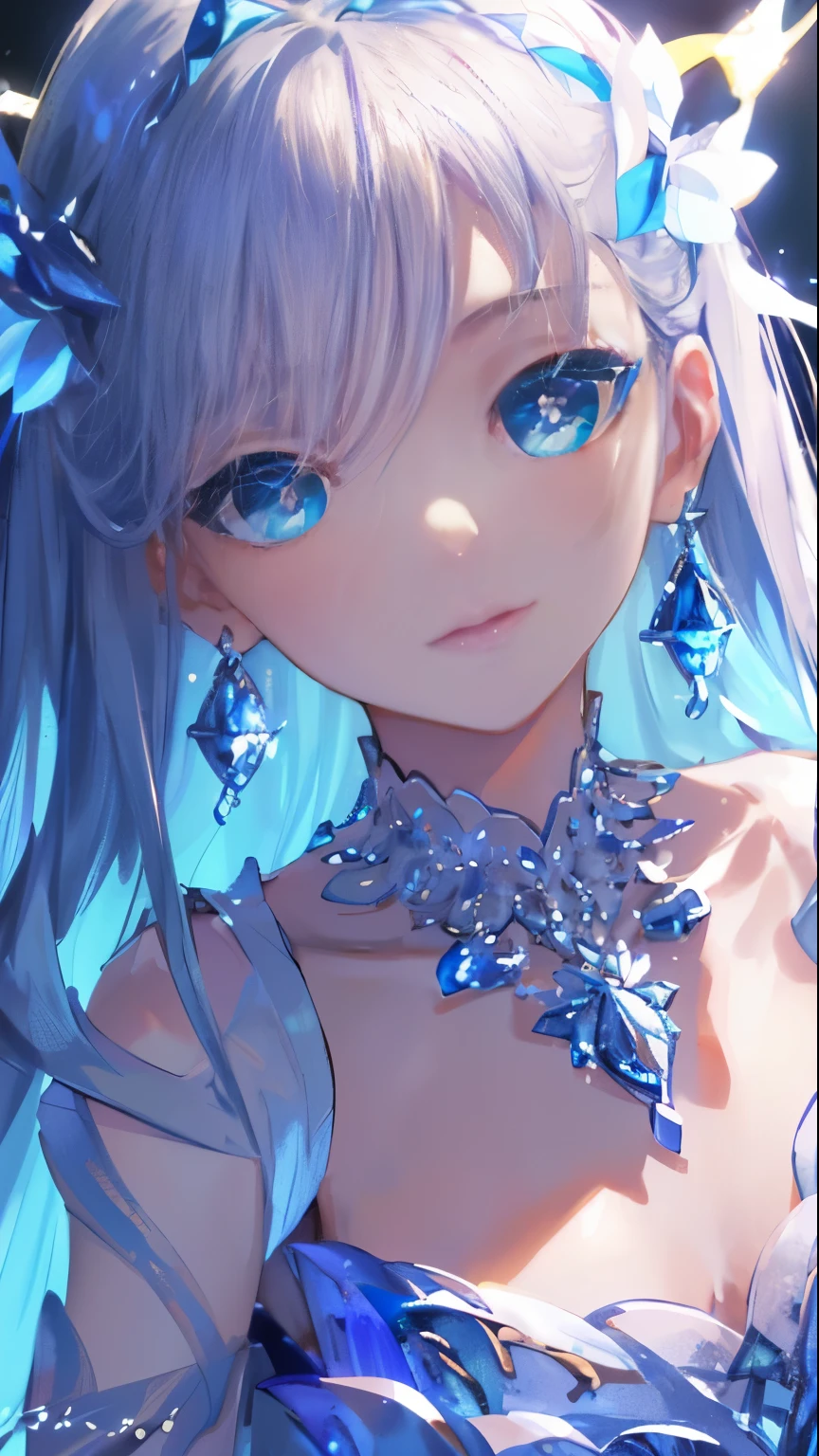 Masterpiece, Best Quality, Illustration, Sax Blue, Platinum Earrings, Platinum Necklace, Blue Dress, 1girl, Cute, (Dynamic Lighting:1.2), Cinematic Lighting, Delicate Facial Features, Detailed Eyes, Sharp Pupils, Realistic Pupils, Depth of Field, Bokeh, Sharp Focus, (Ultra Detailed, Bloom, Glow:1.4), Many Little Jewels,Angel Wings,Beautiful Abs