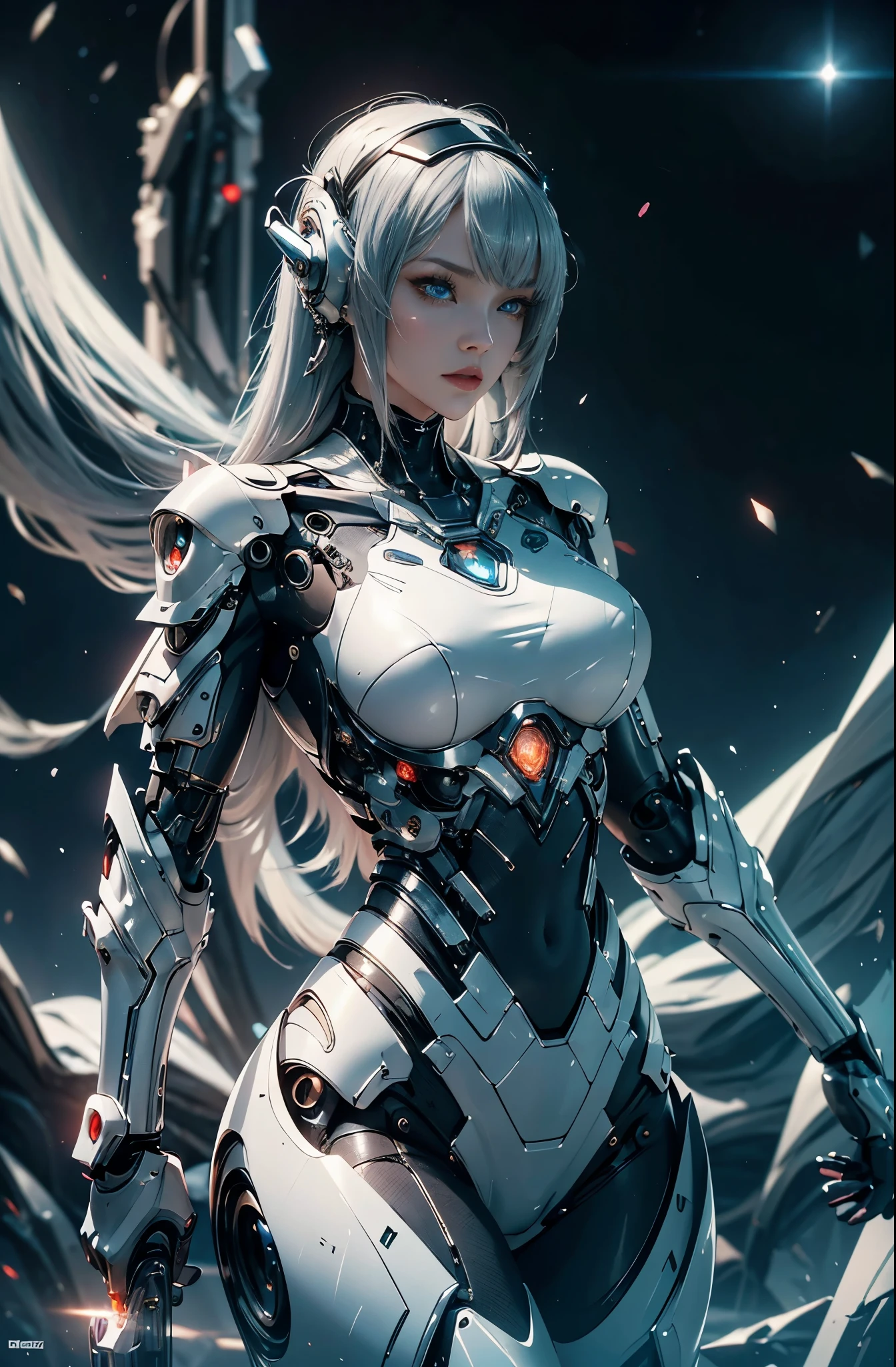 there is a woman in a futuristic suit with a sword, 美少Female Cyborg, Cyborg Womanの子, perfect anime Cyborg Woman, Cyborg - Girl, 美しい白人の少Female Cyborg, beautiful cyborg priestess, Cyborg Woman, beautiful alluring Female Cyborg, cyberpunk robotic elvish queen, Cyborg - Girl with silver hair, beautiful Female Cyborg, beautiful Cyborg Womanの子, Female Cyborg, Goddess. extremely high detail, portrait of cyborg queen, extremely detailed goddess shot, Half body machine, Inorganic, Next generation high performance cyborg, Goddess of Machines, The perfect cyborg, ultimate replicant, A masterpiece created by ultra-high performance AI, Final weapon, Best Quality, Perfect Angle, perfect-composition, sharp outline, Best Shots, perfect shapes, perfect model style, Very beautiful and detailed eyes, Hollow eyes, blue eyes without pupils