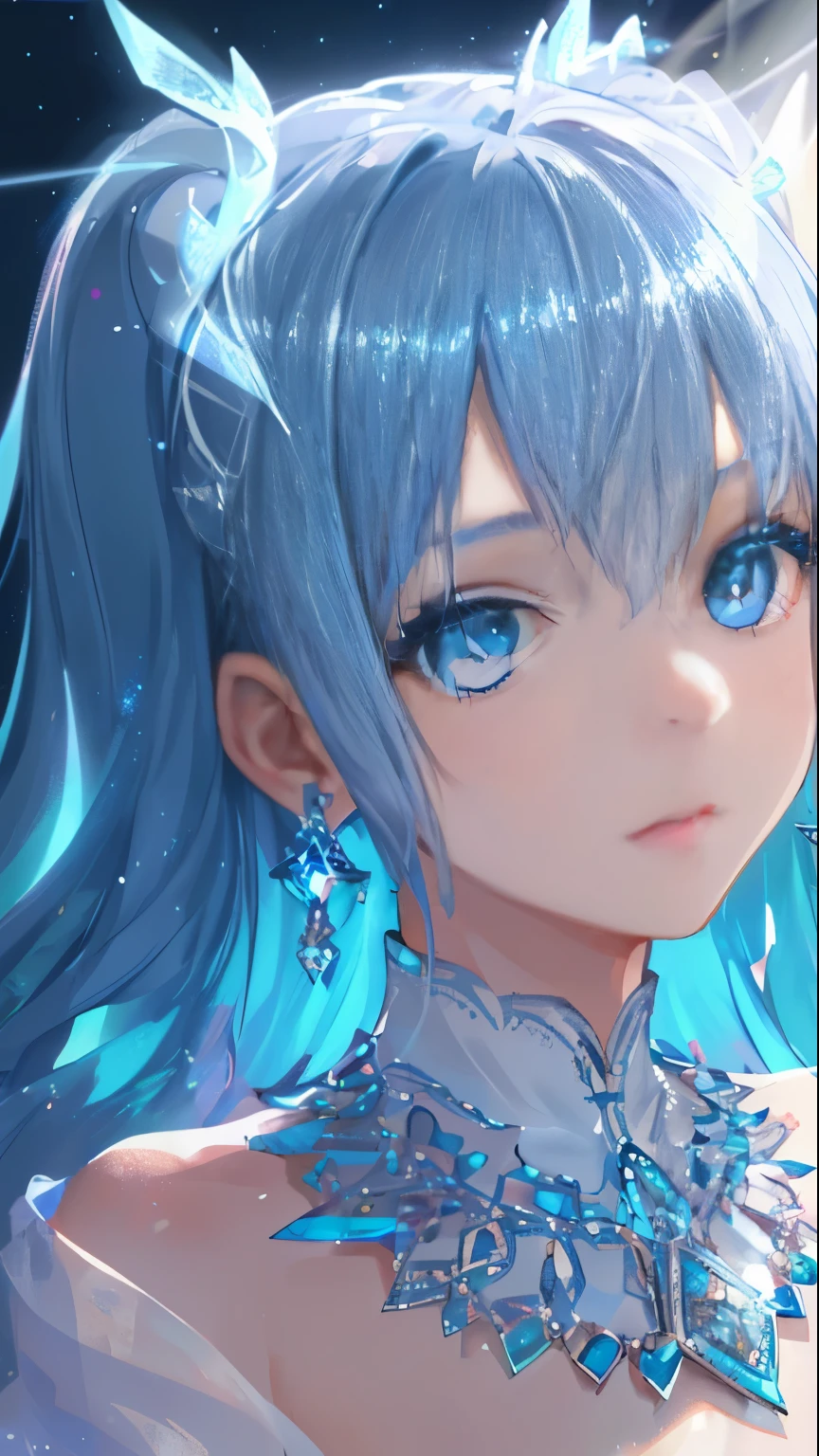 Masterpiece, Best Quality, Illustration, Sax Blue, Platinum Earrings, Platinum Necklace, Blue Dress, 1girl, Cute, (Dynamic Lighting:1.2), Cinematic Lighting, Delicate Facial Features, Detailed Eyes, Sharp Pupils, Realistic Pupils, Depth of Field, Bokeh, Sharp Focus, (Ultra Detailed, Bloom, Glow:1.4), Many Little Jewels,Angel Wings,Beautiful Abs