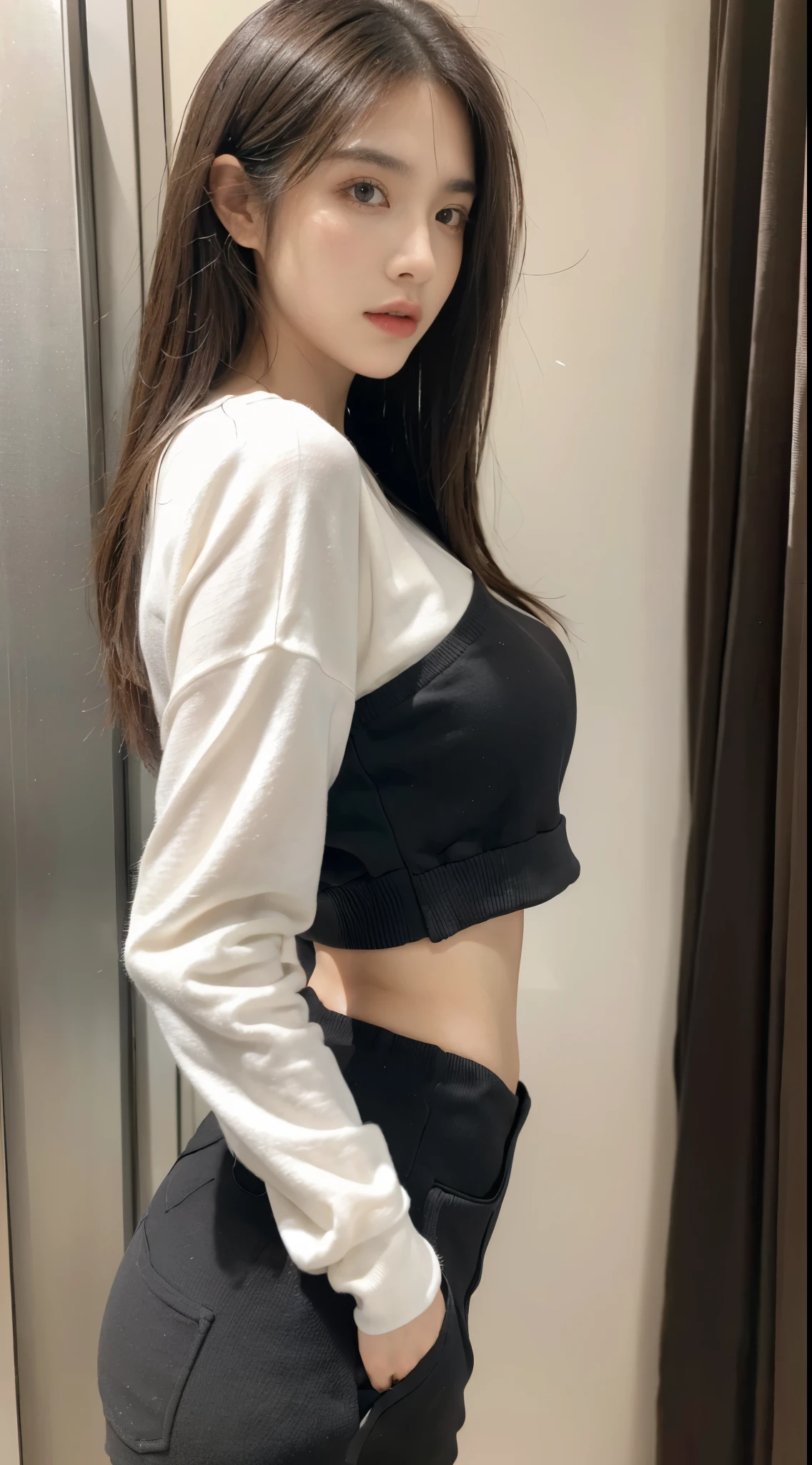 Obra maestra, La mejor calidad, ultrahigh resolution, Foto de alto detalle, Unidad 8K Fondo de pantalla, CG extremadamente detallado:1.2),(Foto RAW:1.realistic photography:1.4), 1girll , joven, physically based representation, Lindo, (Cara finamente detallada:1.4, Ropa detallada), (Detallado:1.4) Cara hermosa, Profundidad de campo, Agregar capa, hiperrealista, 27 years old, Modelo de cuerpo perfecto, senos perfectos, 175cm de altura, pose sexy, cuerpo completo, Tipo de cuerpo del modelo, Cabello largo, Eimi Fukada, doble parpado, makeup, Eyeshadow, shiny skin, detailed skin, detailed face, detailed eyes, shiny hair, (shirt Lift:1.3), from side, look at viewer, Inorganic concrete studio with windows, highly detailed background, dramatic lighting, BREAK (black theme:1.4), (Very large size black sweatshirt:1.3), (Slim fit pants:1.2), ultra-realistic textures, raw photo,