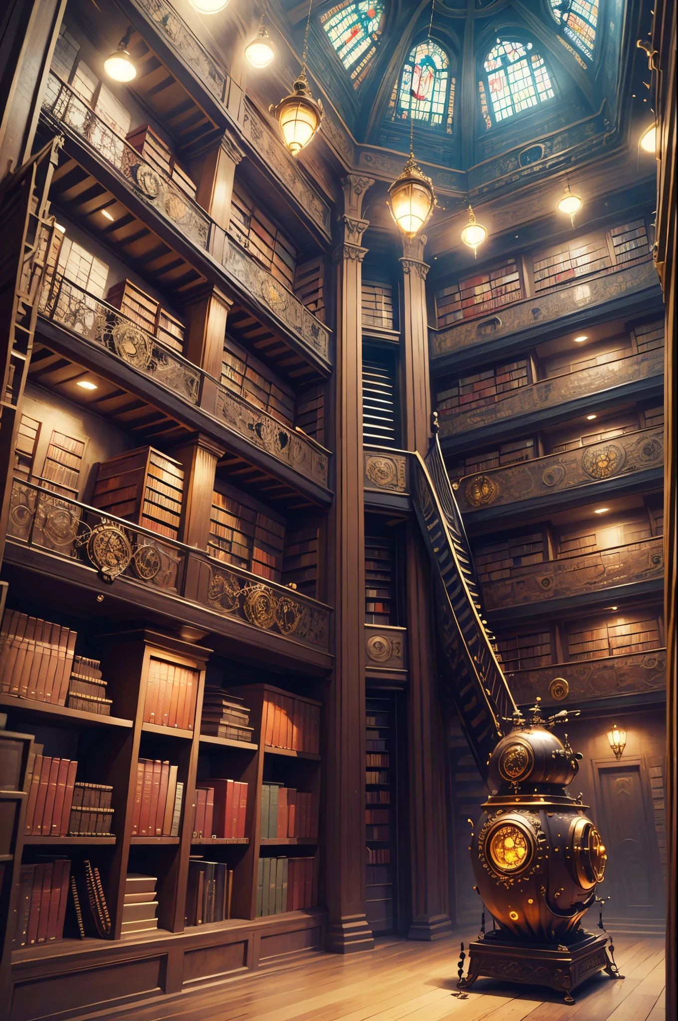 Create an ((Huge amounts of pubic)) (((Steampunk Library))) Interior with multiple layers and sprite effects. The magnificent library is magnificent，Color saturation, Focus sharp, and a fantastic steampunk atmosphere. The library wood should be very dark cherry wood，with gold-plated copper decoration. Includes stained glass and beautiful books. Use many small details，Enhance the fantasy atmosphere of your image. 这些书应该The is very detailed，And there are different colors and different sizes. Use ambient lighting to dramatic effect and create visual interest and depth of field. 包括Huge amounts of pubic铜细节和抛光装置. Intimate yet majestic and impressive. employment, 8K, Hyper-realistic, The is very detailed, ultra - detailed, cool steampunk accent. cameras: Wide angle shot showing multiple layers, Lots of bookcases, and steampunk staircases and spaceships.. Stanislav Vovchuk (Stanislav Vovchuk) and midway bee (midjourney beeple) style of. lamplight: 温暖的lamplight