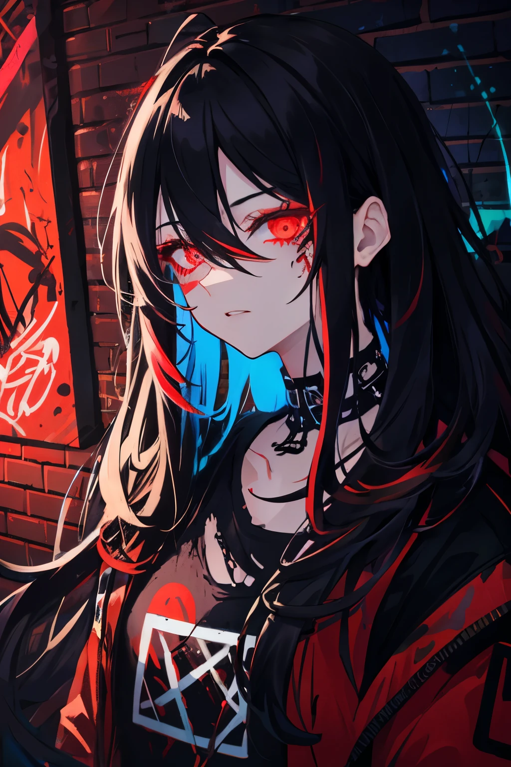 best quality, intricate details, chromatic aberration,
1girl, long hair, black hair, messy hair, red highlights, hair over one eye, red eyes, sharp eyes,
choker, neon shirt, torn legwear, open jacket,
against wall, brick wall, graffiti, glowing grafiti, glowing tattoos, glow, neon lights,
blacklight,