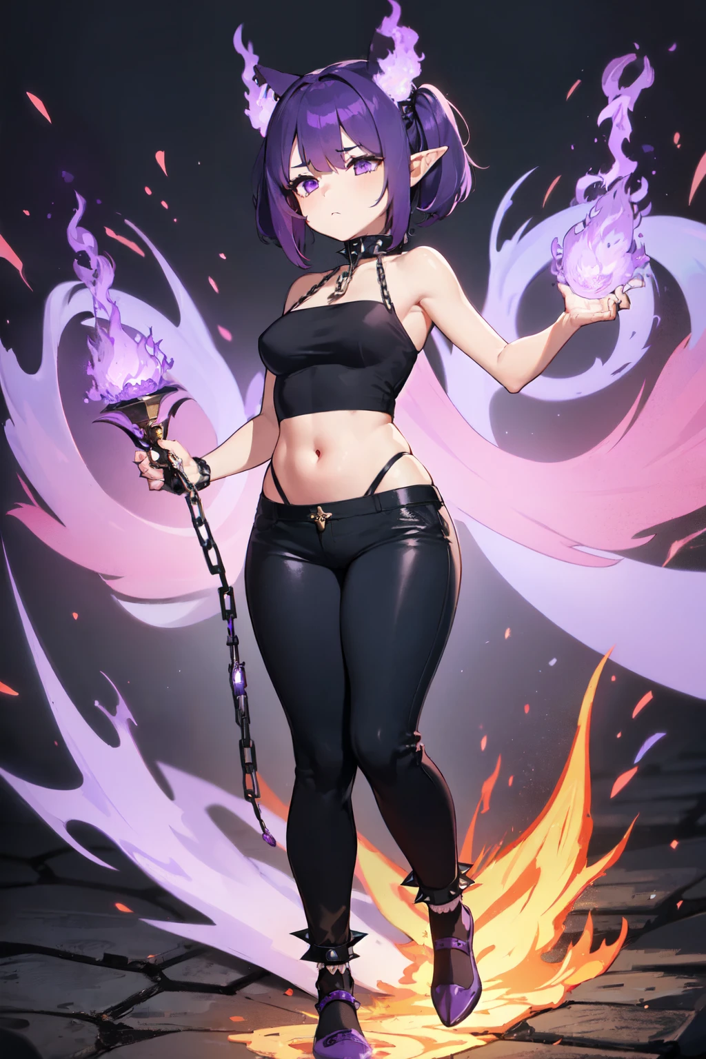 ((1girl)), ((Full body)), Short dark shirt that only reaches the navel, Elf's ears, (Sleepy and tired eyes),
Pants with chain on one side, purple hair, Short hair with pigtails and bangs, Purple eyeliner, purple eyes, with braceras on their hands in the shape of spikes, Spiked collar on the neck, ((Summoning powers with purple fire ))