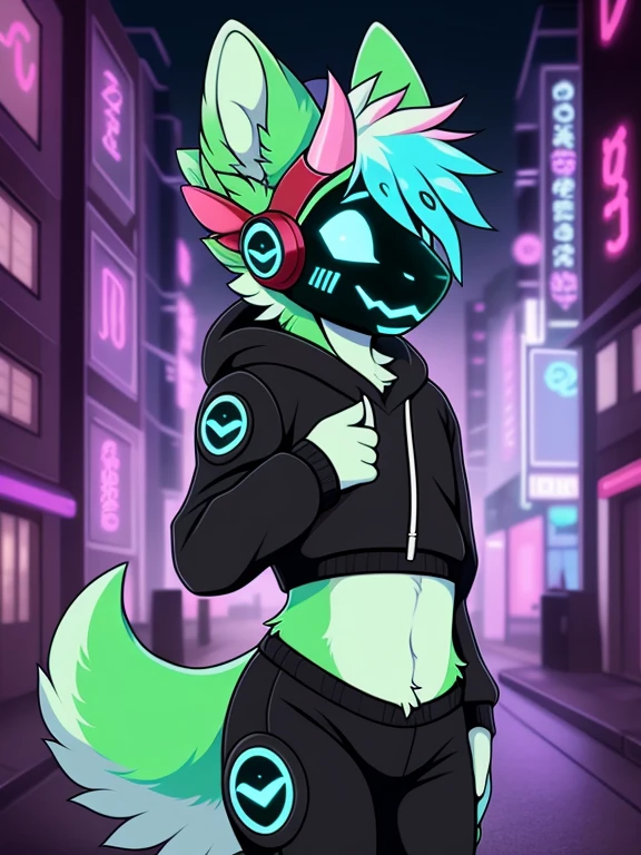 hioshiru, protogen, femboy, girly, blue eyes, white fur, green fur with stripes, wearing a hoodie, in a cyberpunk city, solo, horns,  long blue emo hairstyle on head, multicolored hair