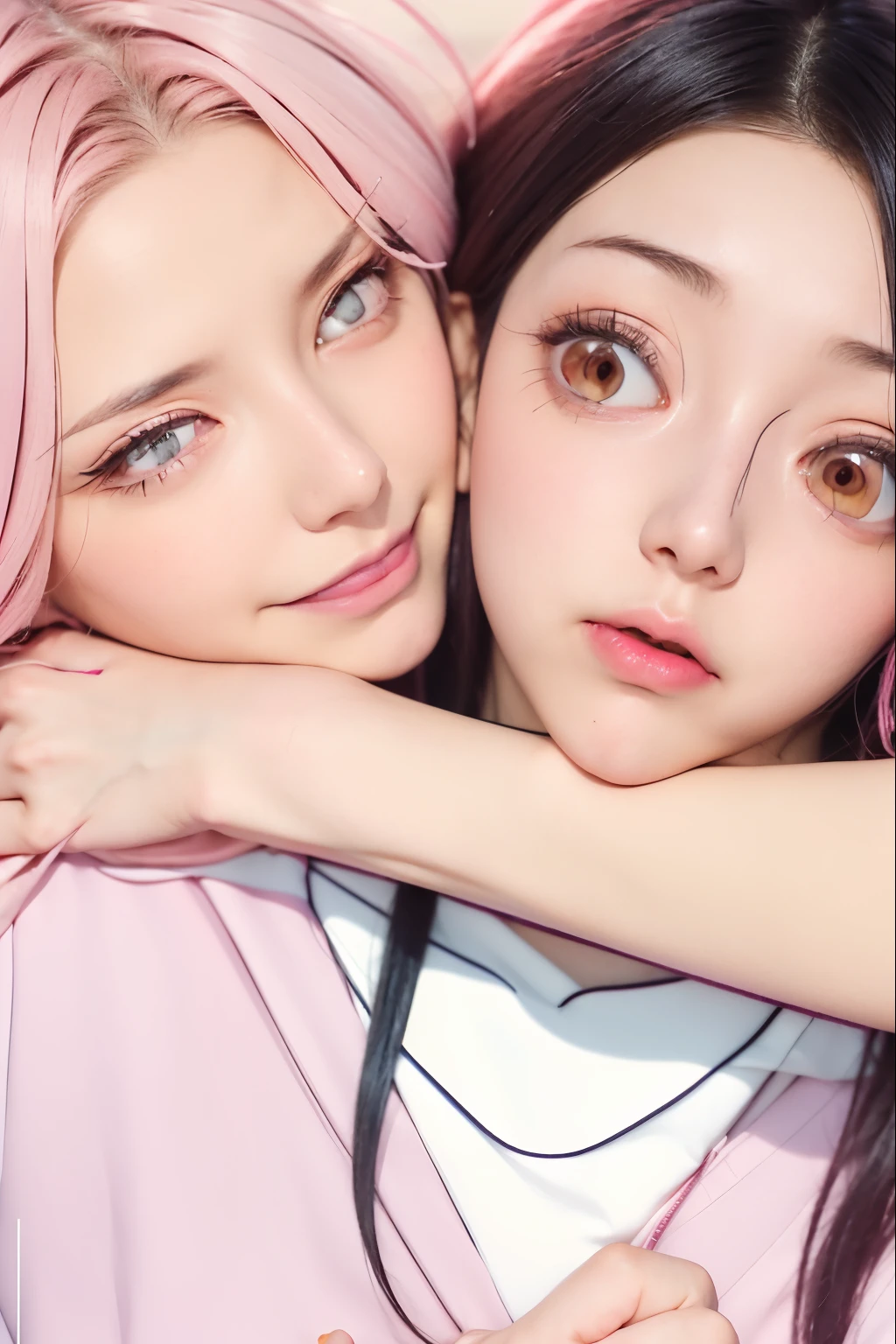 a close-up of a person hugging another person with a comic book, haruno sakura, möbius and æon flux, Nezuko-chan, em estilo anime, Nezuko, ig studios estilo anime, em estilo anime, Manhwa, coloured manga scan, arm around her neck, sakura haruno