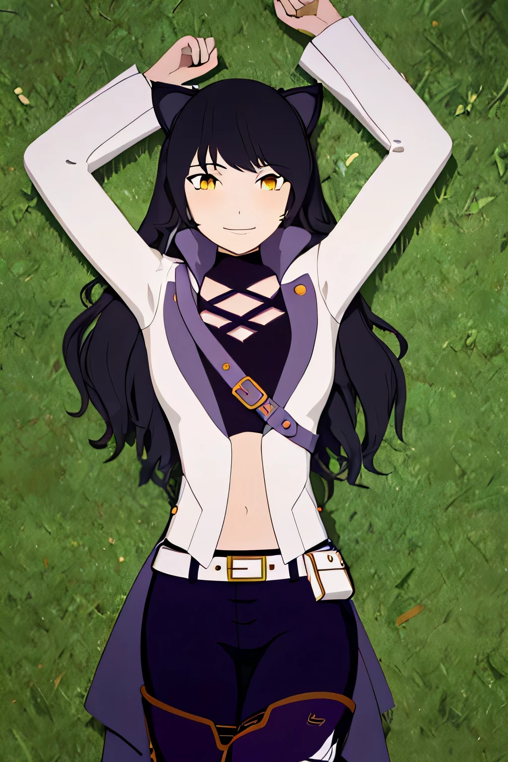 ((masterpiece,best quality)), 
Blake_RWBY,   1girl, solo, black hair, long hair, cat ears, animal ears, yellow eyes,
 belt, midriff, pants, jacket, 
solo, smiling, looking at viewer, solo, smile, cowboy shot, lying, on back, on grass, arms up, blue pants. closed mouth, spread arms,
cinematic composition,