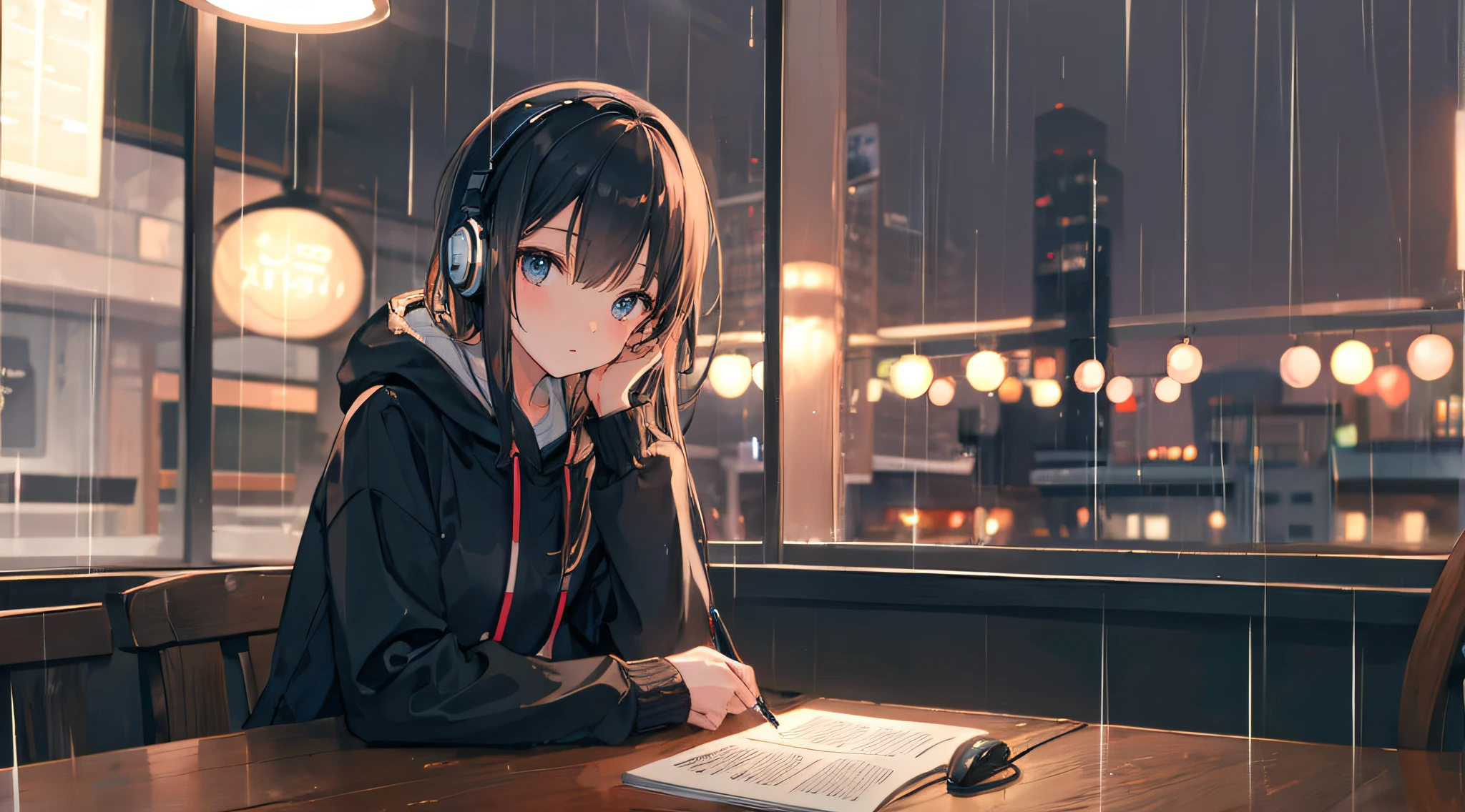 agirl studying in a cafe with headphones on night rain day, calm, chill, rainny day, warm, night, quiet, high res, ultrasharp, 8k, masterpiece
