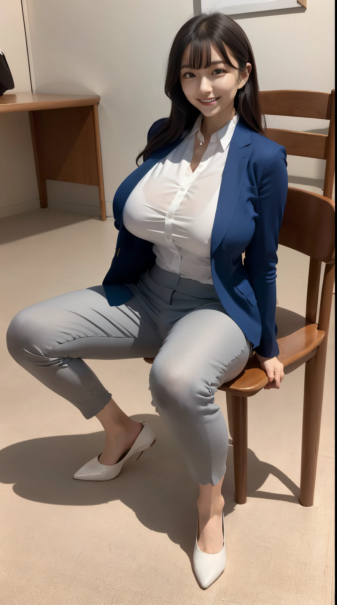 (in 8K、超A high resolution、Best Quality、masuter piece、Photorealsitic、The ultra -The high-definition)、(huge tit、爆乳、toned body、Crotch indirect、()Always wear a white shirt)、gray skinny pants、Suit jacket、Hide all breasts、office building、Be sure to sit on a chair and do a squat with your legs wide apart.、Must have long hair:1.2)A Japanese Lady、Super cute、White Pin Heels