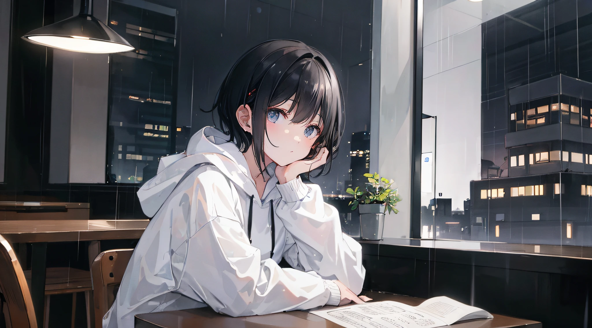 a short black hair girl studying in a cafe with headphones on night rain day, white hoodie, looking on the table, scaff, writing, calm, chill, rainny day, warm, night, quiet, high res, ultrasharp, 8k, masterpiece