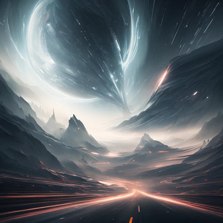 Especially Mysterious, through the darkest phase, by Leonardo da Vinci and Michelangelo, outer space, vanishing point, super highway, high speed, digital render, digital painting, beeple, noah bradley, cyril roland, ross tran, trending on artstation