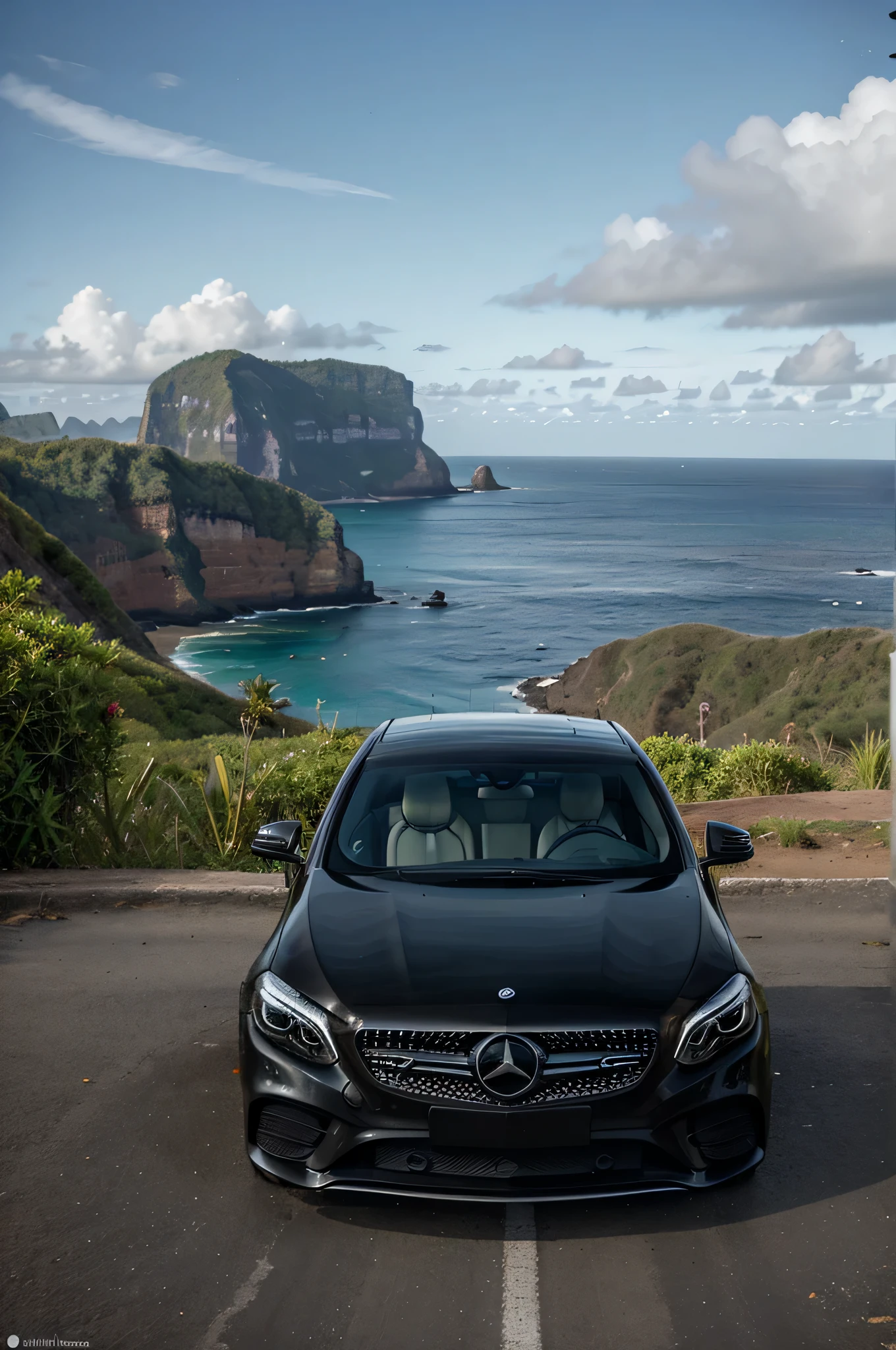 Uma cena sedutora se desenrola na pitoresca ilha de Fernando de Noronha, where an elegant black Mercedes takes center stage against a backdrop of stunning landscapes. um casal estiloso, profundamente apaixonado, gosta do ambiente luxuoso, surrounded by the allure of crisp dollar bills. The atmosphere is further worsened by the presence of imported marijuana, adding a touch of unconventional sophistication to this unique frame