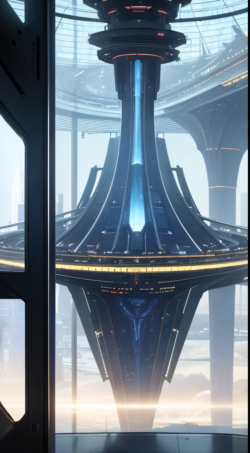 (best quality,4k,8k,highres,masterpiece:1.2),ultra-detailed,realistic,sci-fi,futuristic train station in a floating space,futuristic,neon lights,large glass windows,vibrant colors,high-tech interior,passengers in futuristic clothing,enormous clock displaying time travel destinations,levitating platforms showcasing arrival and departure information,artificial intelligence ticketing ,immersive holographic displays,advanced docking mechanism,impeccable cleanliness,elegant and sleek design,massive engines emitting plasma propulsion,spaceship-like controls,skyline of otherworldly skyscrapers visible through the windows,cosmic views of planets and stars,zero-gravity passengers floating effortlessly,stylized futuristic uniforms worn by staff,departure platform surrounded by swirling vortex of energy,intricate metalwork and architecture,intergalactic travel hub,seamless transition between different time periods and dimensions,ambient background music that enhances the futuristic atmosphere.