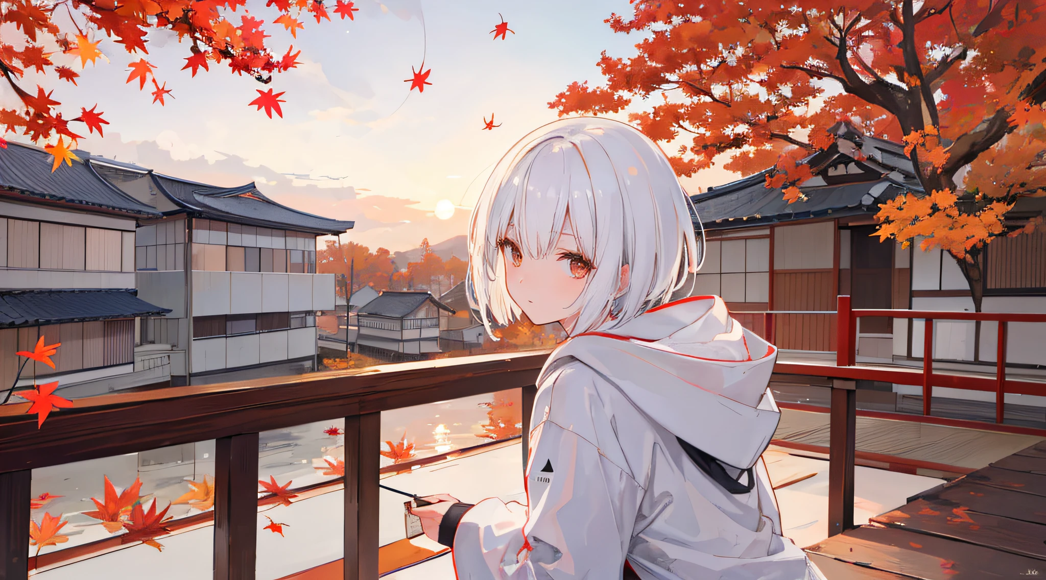 a short hair white hoodie,sitting on a japanse style balcony, japanese style house, autumn leaf, autumn feel, warm, chill, sunset, scaff, looking up the sky, calm, chill, rainny day, warm, night, quiet, high res, ultrasharp, 8k, masterpiece
