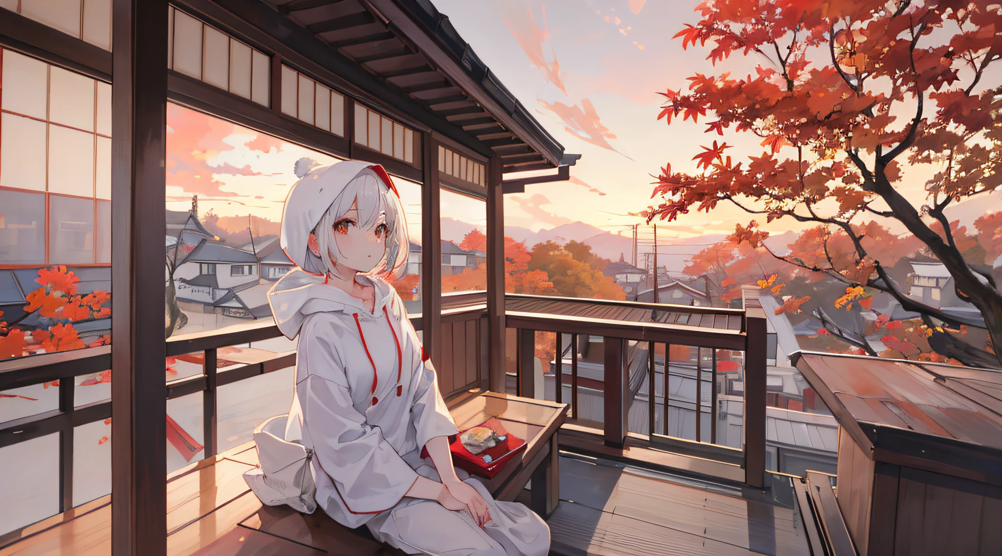 a short hair white hoodie,sitting on a japanse style balcony, japanese style house, autumn leaf, autumn feel, warm, chill, sunset, scaff, looking up the sky, calm, chill, rainny day, warm, night, quiet, high res, ultrasharp, 8k, masterpiece