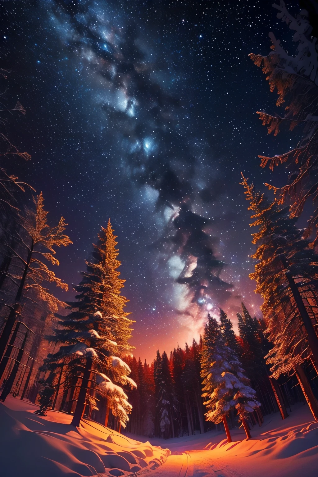 Picture of a star constellation in the snowy night sky. ((Detailed image of star constellation)) ((Snowy night sky above dark snowy forest)) Constellations swirling magically, vortex above the dark forest ((Dark forest vortex)) (((Magical swirling above in night sky))) (((Night sky magic))) (((Swirling colors of red, blue, and white in the night sky)))