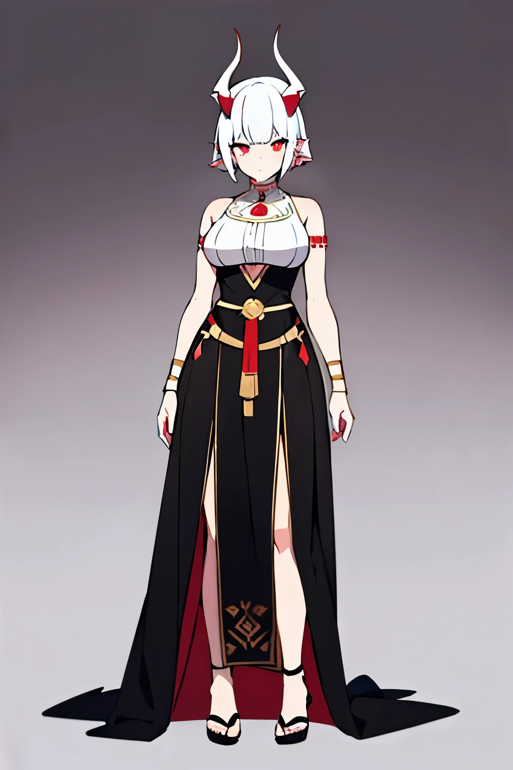 anime girl with two ((white demon horns)), short white hair and ((black dress)) with red pupils, wearing ancient Egyptian clothing, masterpiece, best quality, ((character concept)), Gege Akutami art style, jjk art style, solo, full body view. monster girl, fine details. serious expression.