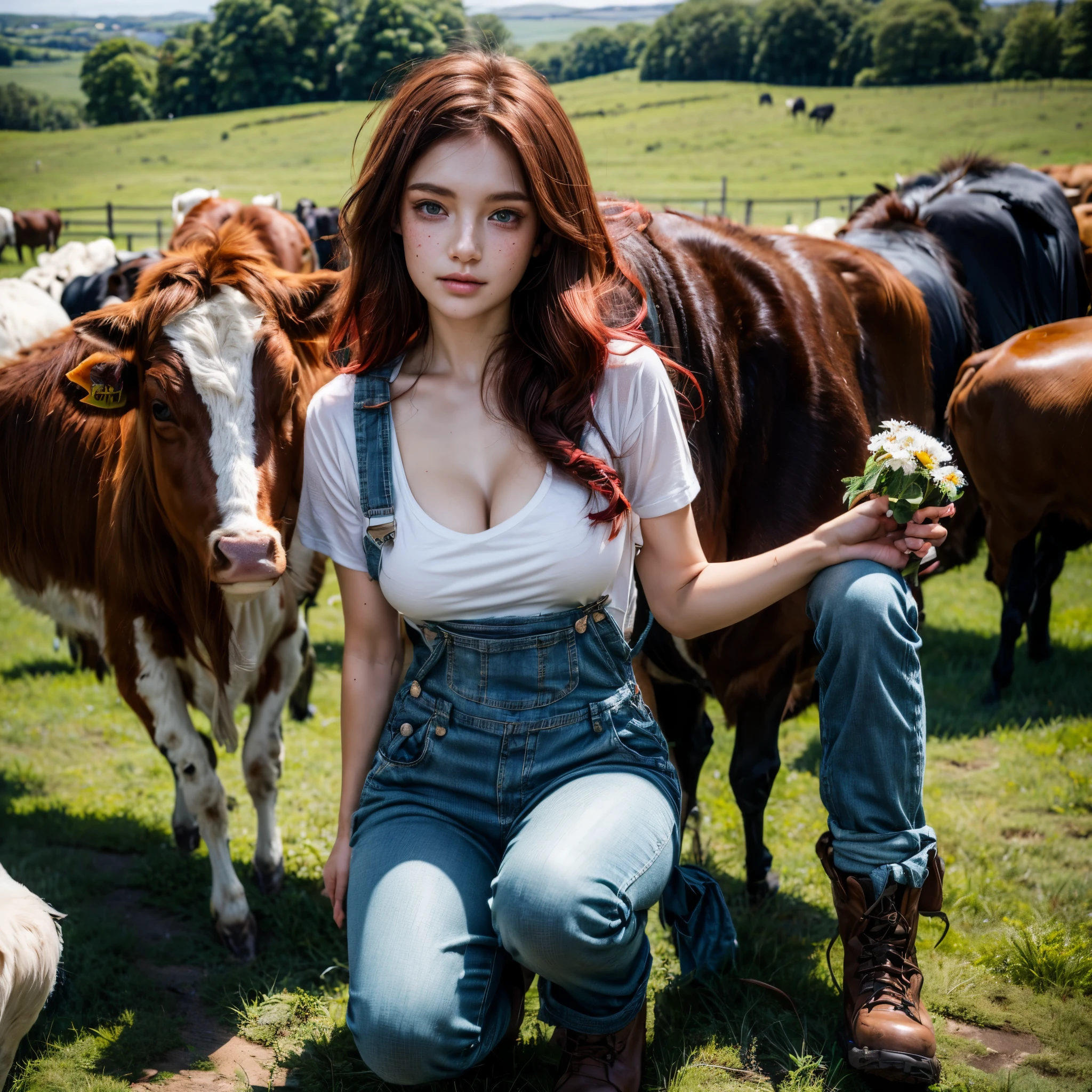 a dirty buxom young (20) Irish girl with red hair, green eyes, freckles, oversized breasts, dirty small t-shirt, daisy duke overalls, and knee high work boots is checking on a herd of cattle in the pasture, countryside farm