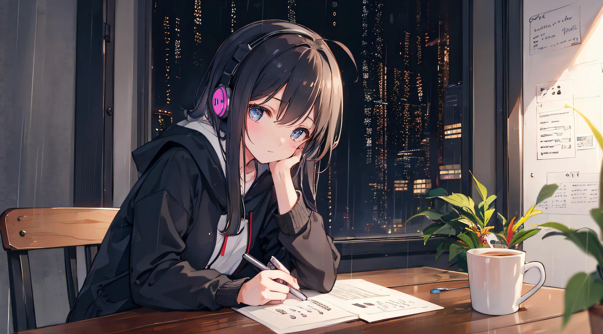 a girl studying in a cafe with headphones on night rain day, looking at her note, writing, calm, chill, rainny day, warm, night, quiet, high res, ultrasharp, 8k, masterpiece