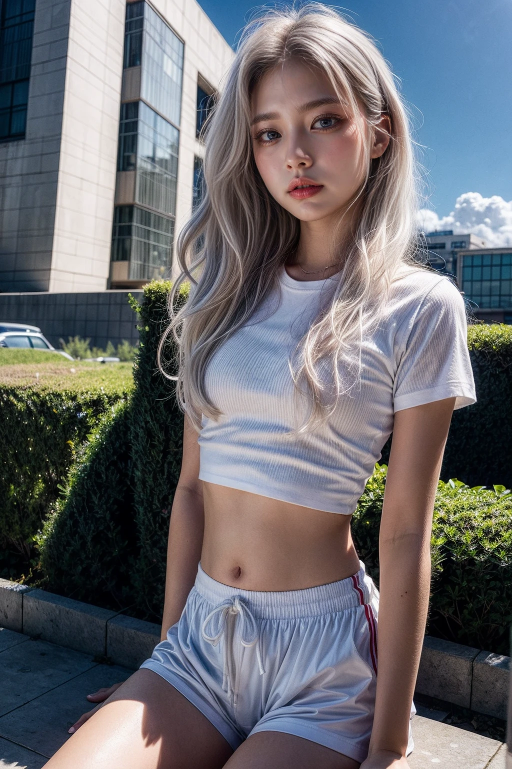 (Masterpiece, realistic, high resolution), (1 girl): 1.2), Korean, ((white wavy hair): 1.3), (heterochromic eyes: 1.1, thick eyebrows, small moles under the eyes), tie, (white shirt, red sports shortedium breasts): 1.2, thighs), outdoor, blue sky and white clouds