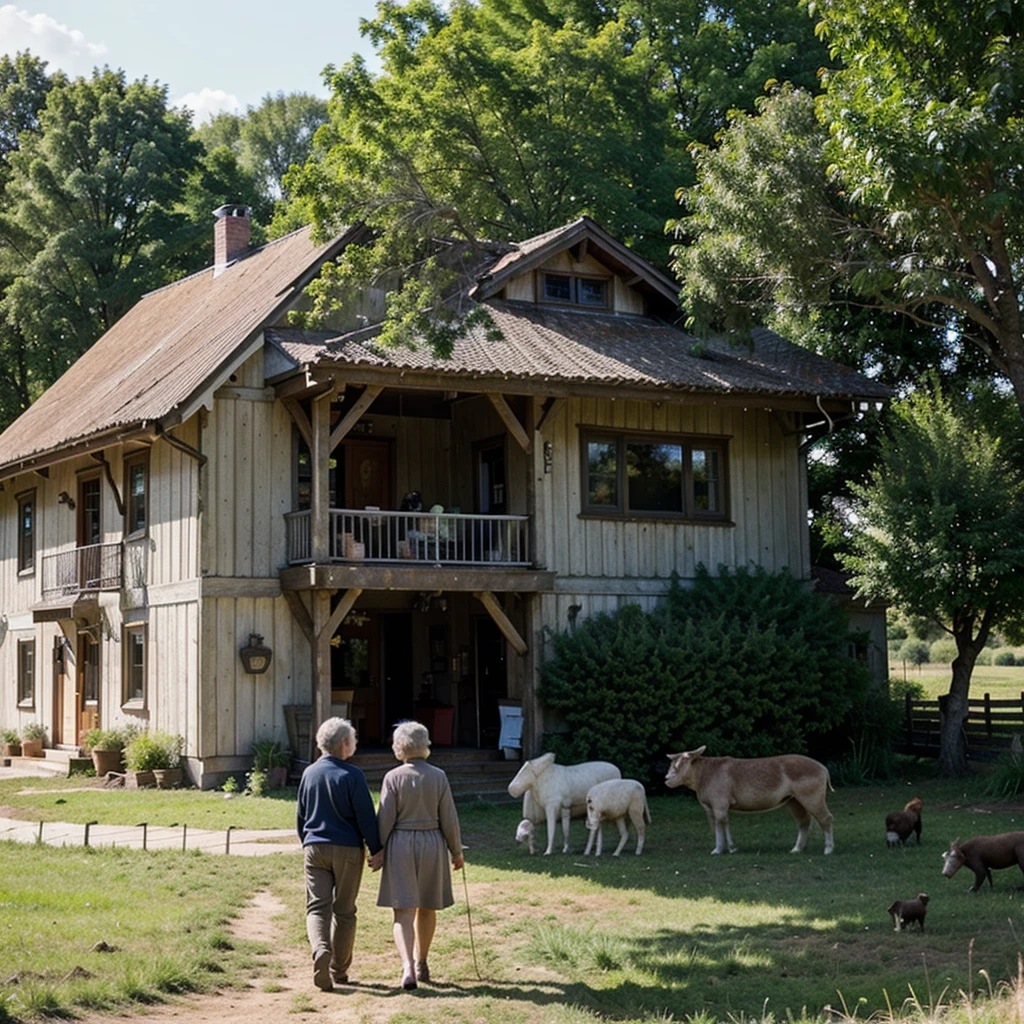 (a couple of grandparents living on a farm with animals), illustrations, (realistic, detailed, vibrant), warm colors, natural lighting, cozy farmhouse, beautiful garden, lush green fields, cute farm animals, joyful atmosphere, nostalgic vibes, family bonding, timeless memories