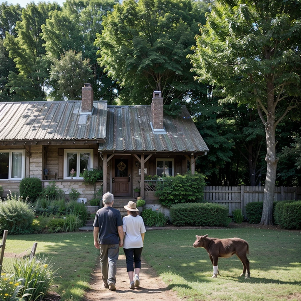 (a couple of grandparents living on a farm with animals), illustrations, (realistic, detailed, vibrant), warm colors, natural lighting, cozy farmhouse, beautiful garden, lush green fields, cute farm animals, joyful atmosphere, nostalgic vibes, family bonding, timeless memories