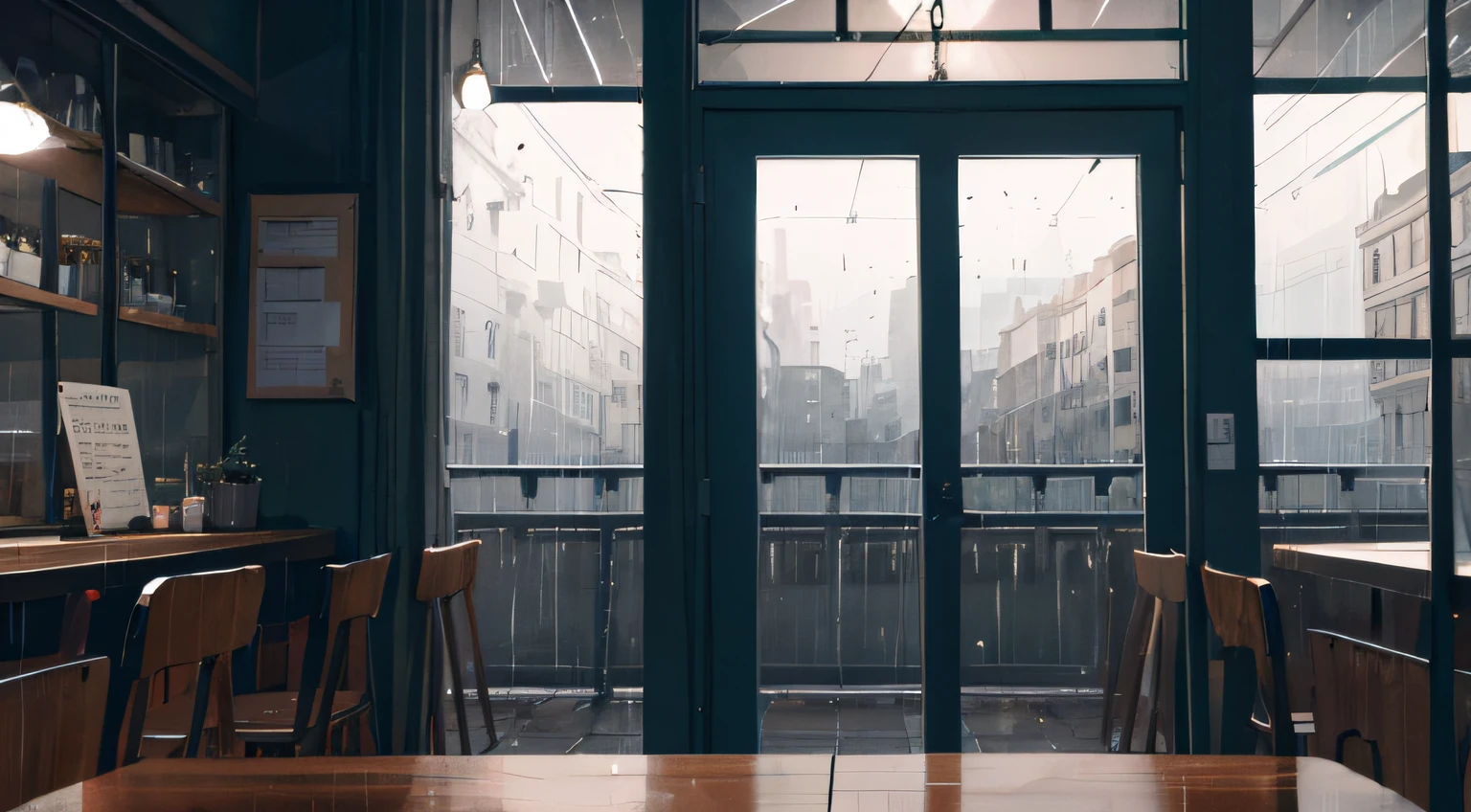 a night cafe, note book, window, raining, dim light, chill, calm, high res, ultrasharp, 8k, masterpiece