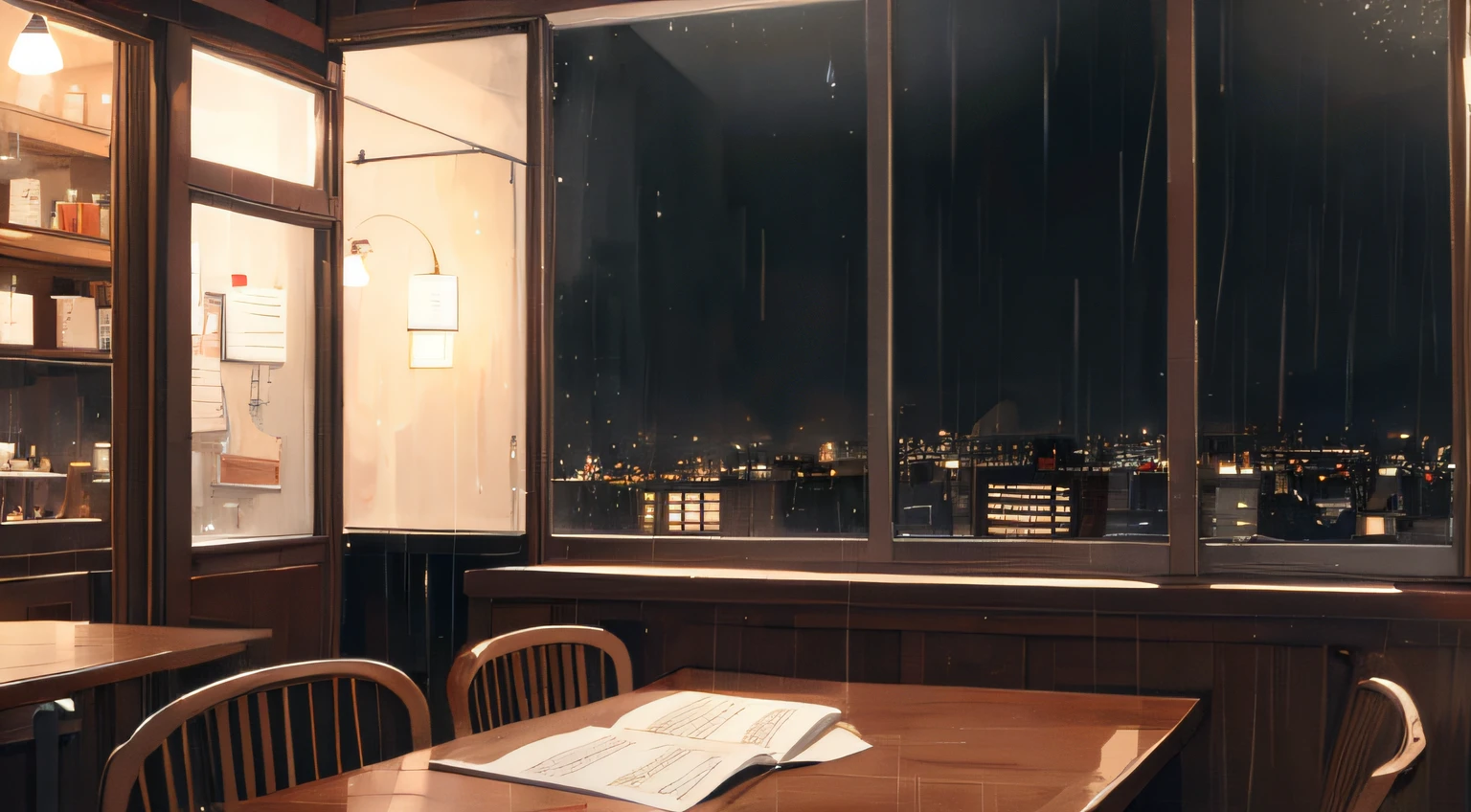 a night cafe, note book, window, raining, dim light, chill, calm, high res, ultrasharp, 8k, masterpiece