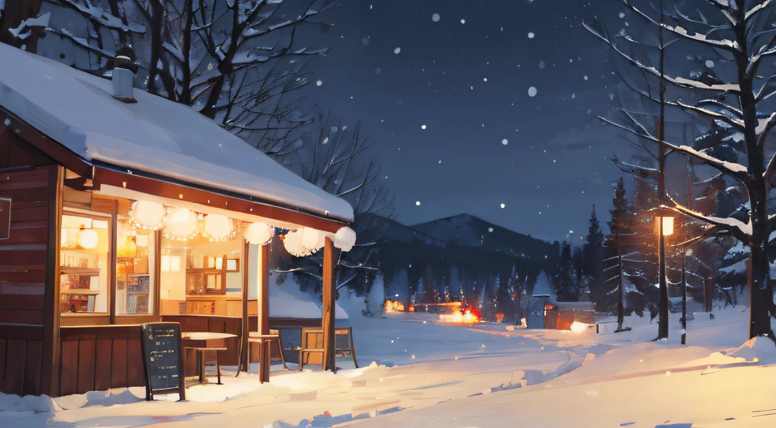 night cafe, chill, snowing
