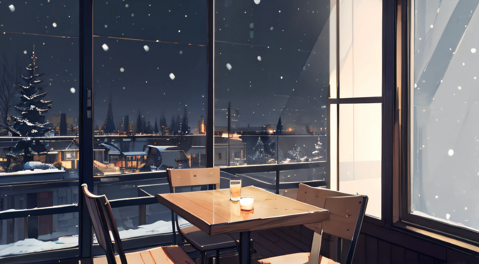 night cafe, interior, inside, window, table, chair, headphone, chill, snowing, quiet, high res, ultrasharp, 8k, masterpiece