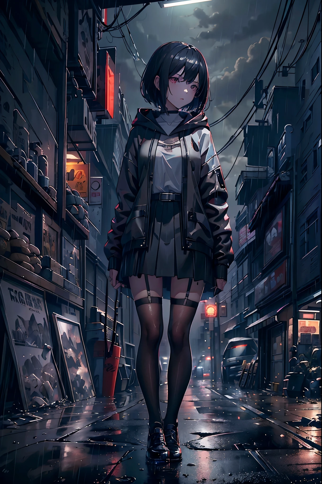 8K，tmasterpiece，Best quality at best，hyper-detailing，realistically，Extremely detailed face，电影灯光，Ray traching，unlit hair，
on a cloudy street，Corner store，foggy and heavy rain，A girl with black hair and black eyes stood in the middle of the road，She was wearing a black convertible hooded jacket，White color blouse，Short black skirt and black garter belt，Student shoes，Clothes soaked by rain，Black exposure，depth of fields（degree ），Cinema lens lighting，