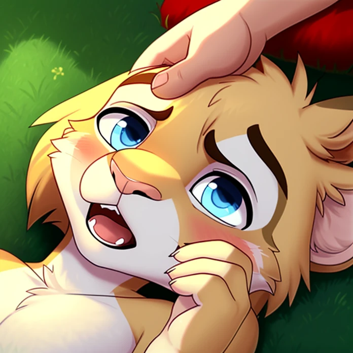 white young lion, solo, male focus, african clothes, bangs, opened mouth, hurt face, saliva, (soft shading), 4k, detailed face, detailed eyes, detailed, full body, zootopia style, blue eyes, finger pointing to the mouth, detailed background, front at view, lying down