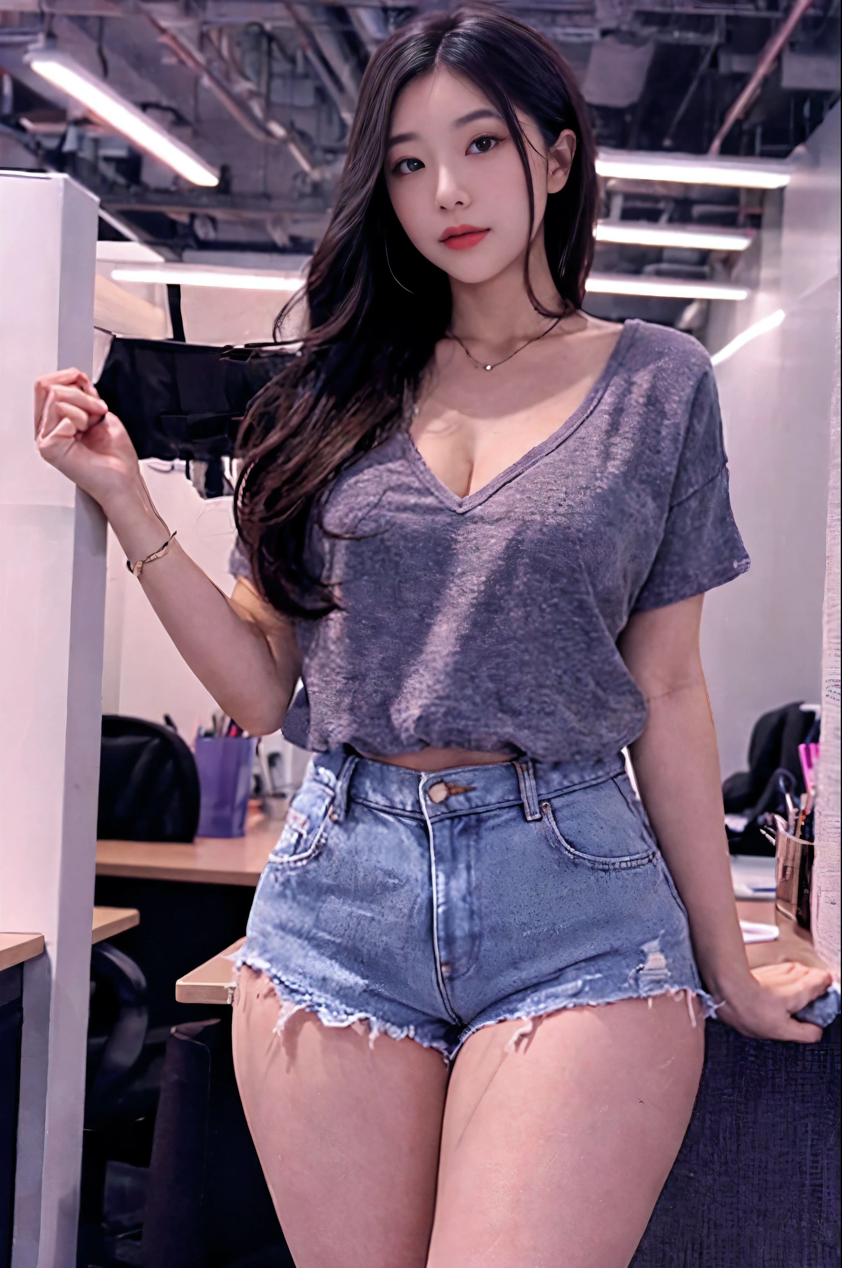 lady, posing seductively to viewer, solo:1, pov, beautiful thick thighs, Office background, long hair, 3/4 body, V neck mini hot shorts