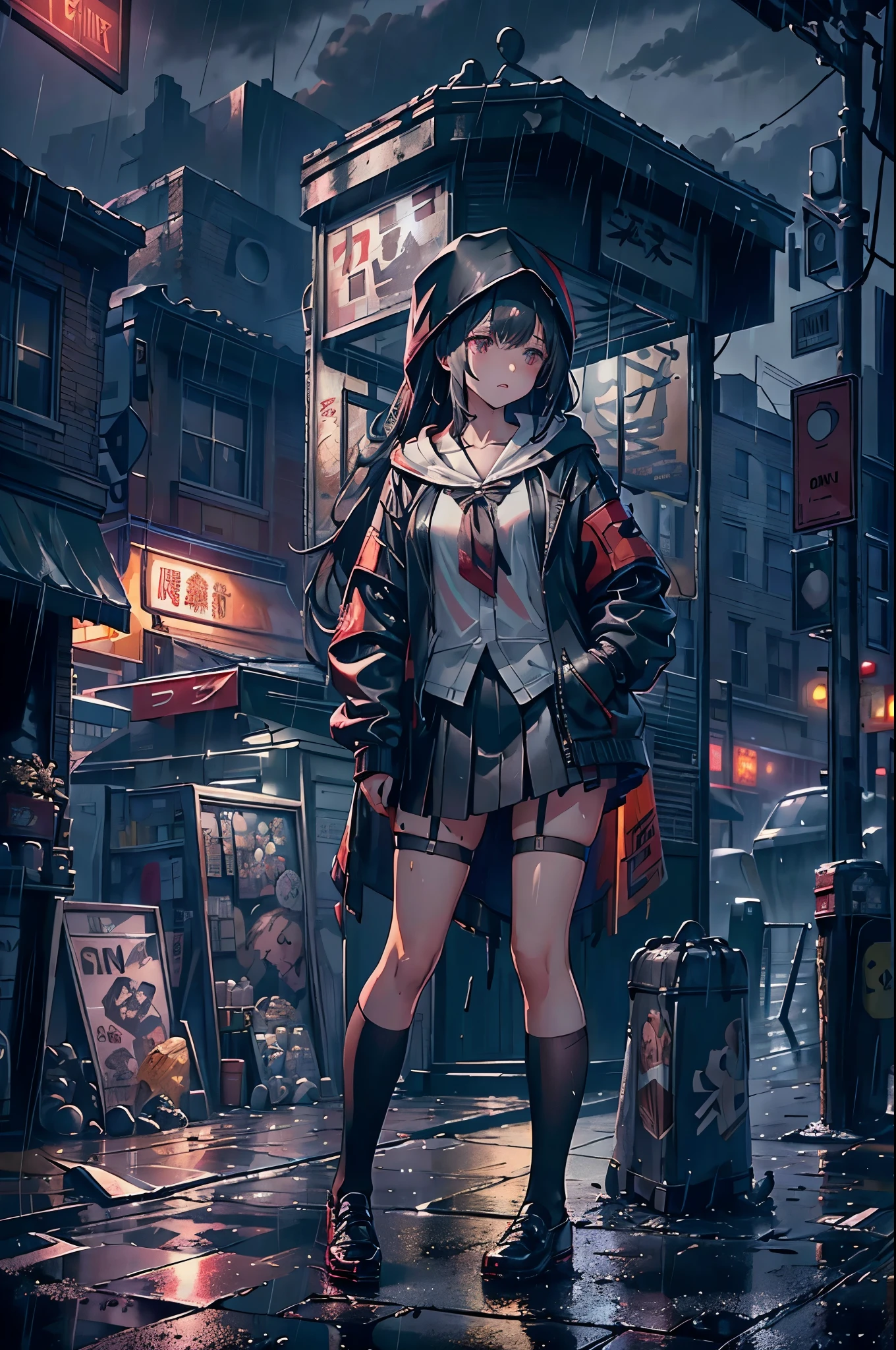 8K,tmasterpiece,Best quality at best,hyper-detailing,realistically,Extremely detailed face,电影灯光,Ray traching,unlit hair,
on a cloudy street,Corner store,foggy and heavy rain,A black man with long hair and black eyeright street lights,girl standing under street lamp,She was wearing a black convertible hooded jacket,White color blouse,Short black skirt and black garter belt,student shoes,Clothes soaked by rain,Depth of field tent ,Cinema lens lighting,