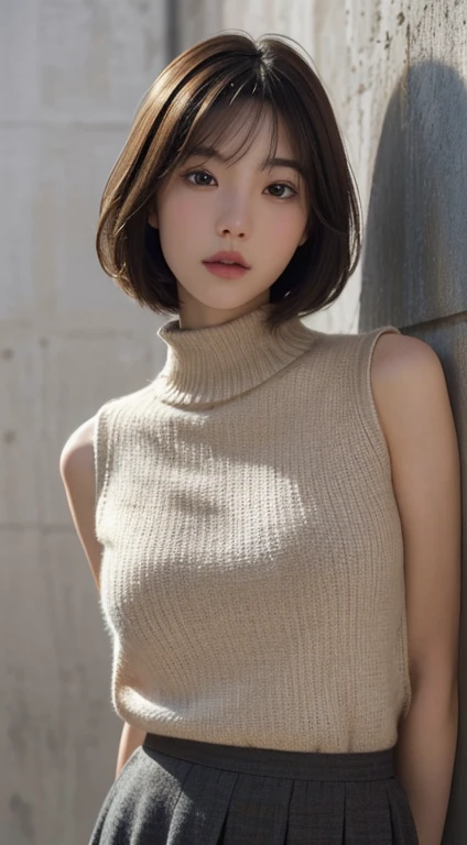 (top-quality、8K、32K、​masterpiece、nffsw:1.2)、Photo of a cute Japanese woman、middlebreasts、(Wolfcut)、(Dark brown-haired shorthair),FULL BODYSHOT、sface focus、((High-neck sweater with exposed shoulders))、a necklace、From  above、looking at the viewers、extremely delicate face, Skin and hair,well-muscled,A slender,High Style,high-level image quality、The background is in the city、Gentle eyes、