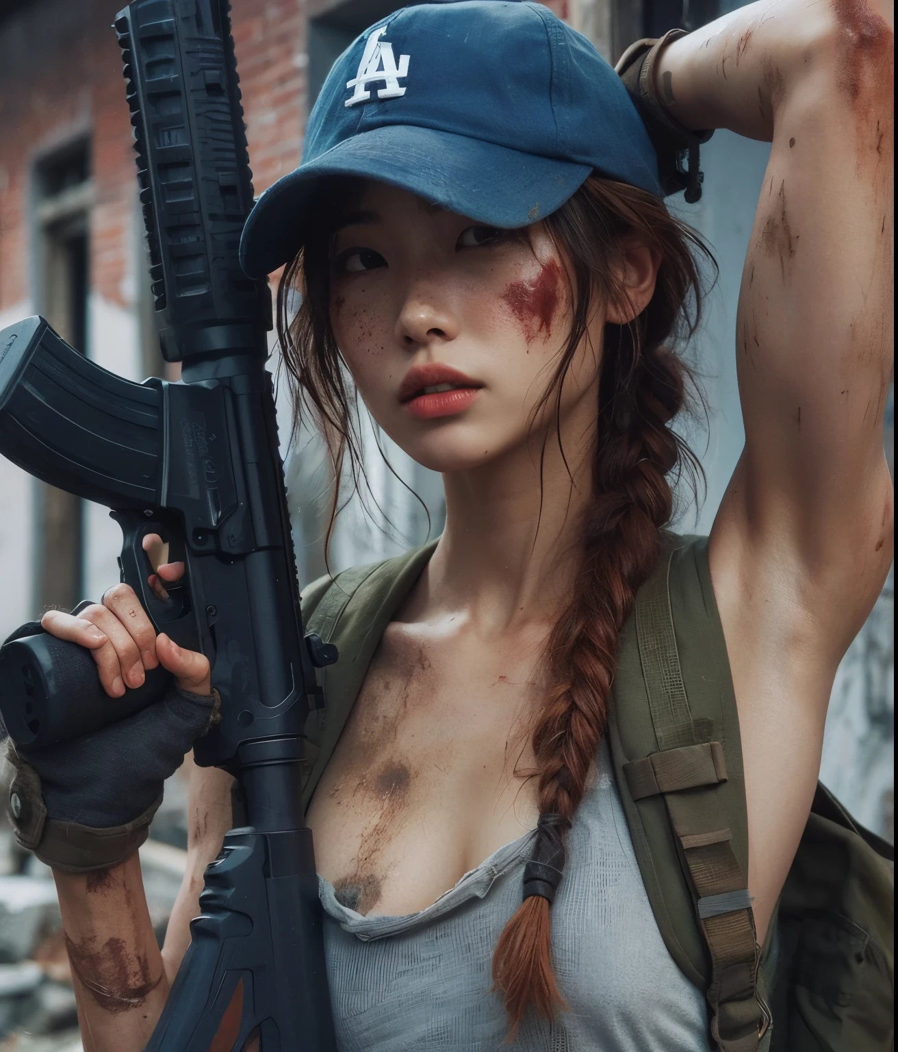 Photorealsitic、realistic skin textures、automatic rifle、wounds