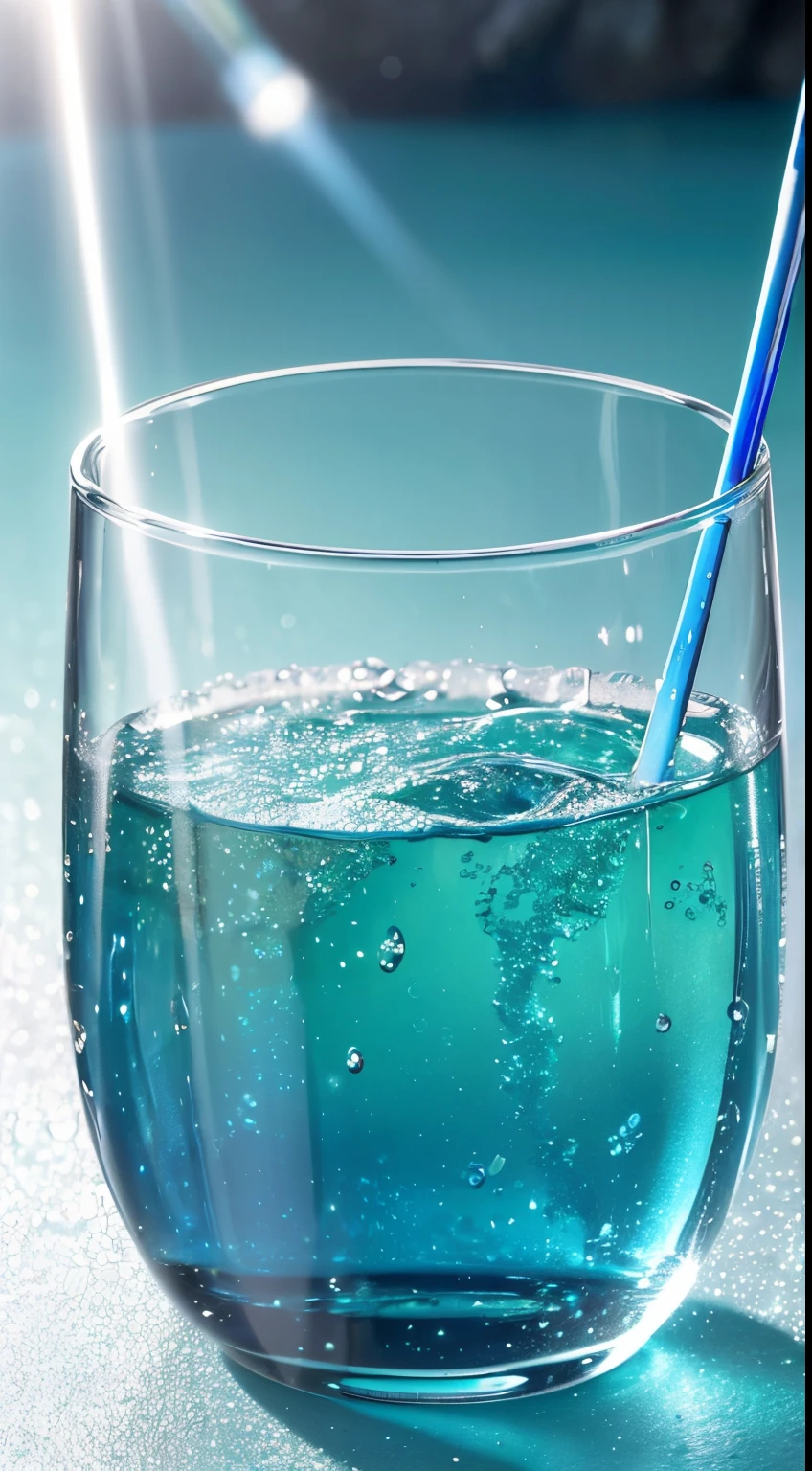(masterpiece) (hight resolution) (top-quality) (realistic) Water droplets falling on the surface of the water Super close-up of water droplets (Universe in a glass) perfect water drop super transparent Blue Grotto cocktails (Gradient Color:from blue to green) Glitter shines brightly