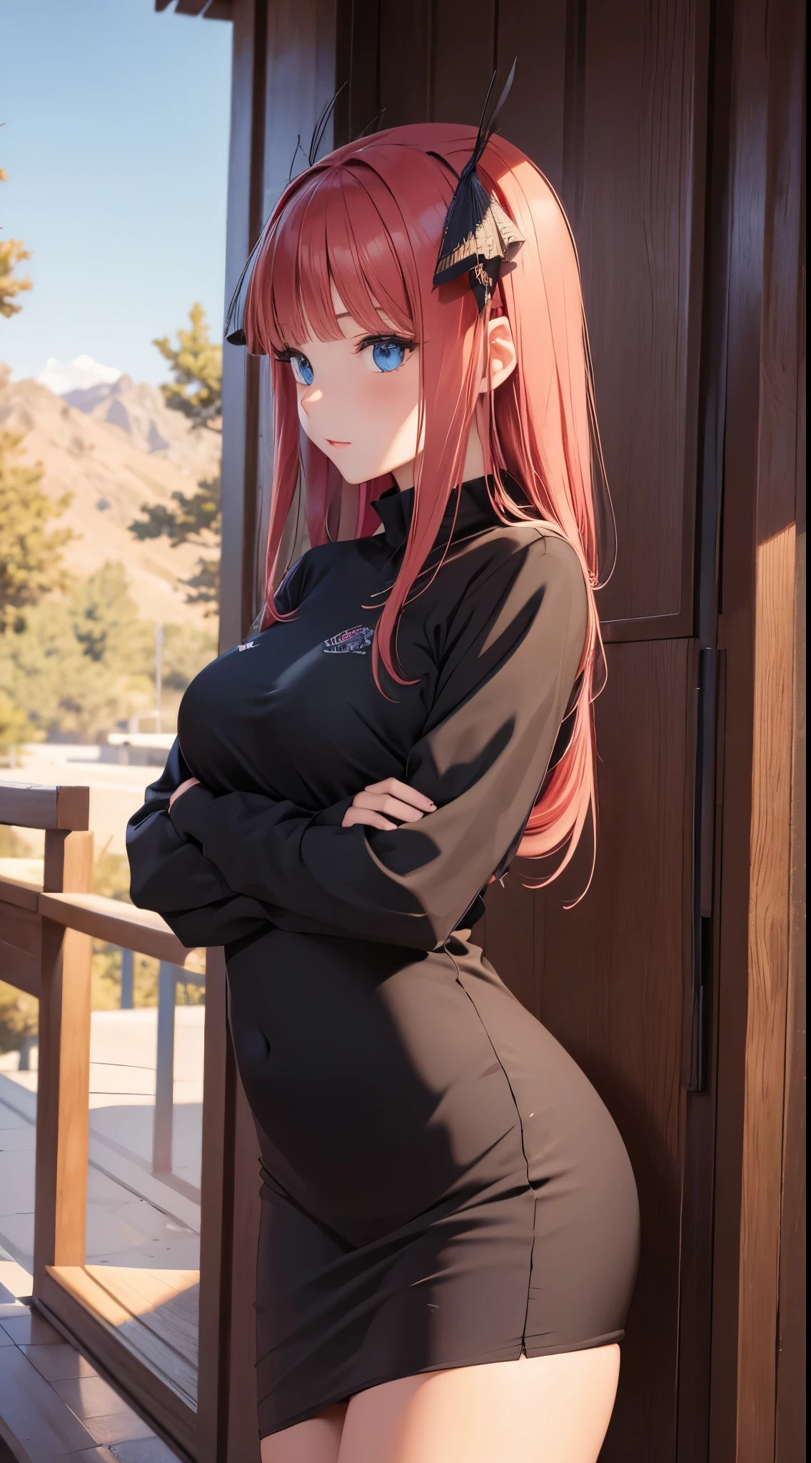 Nino Nakano ,sexy ,vestido de maga oscuro plumas de cuervo,bosque de noche