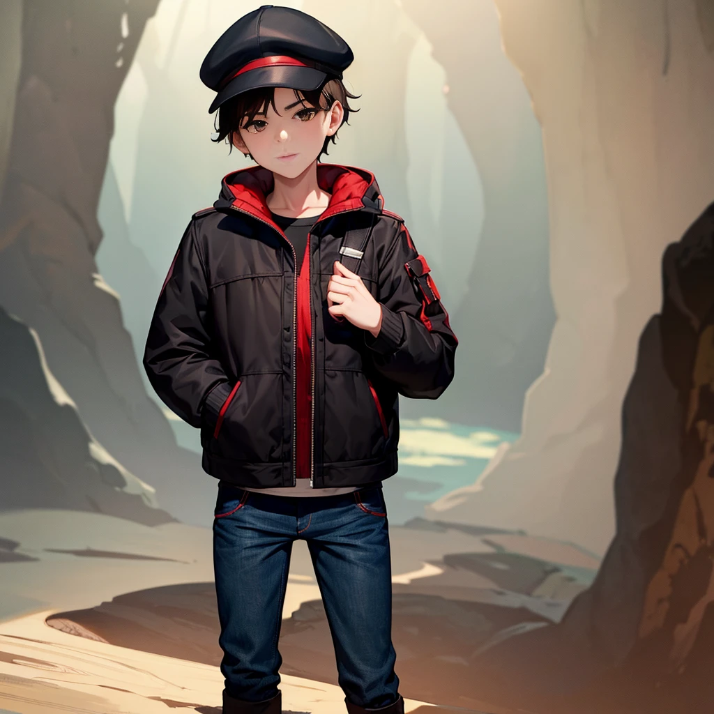 1boy, boy, dark brown hair, dark brown eyes, white skin, wears a red cap, wears a black jacket, wears dark blue jeans, wears green boots, black socks, bottom of a cave, dinamic pose, solo, 1boy, boy,