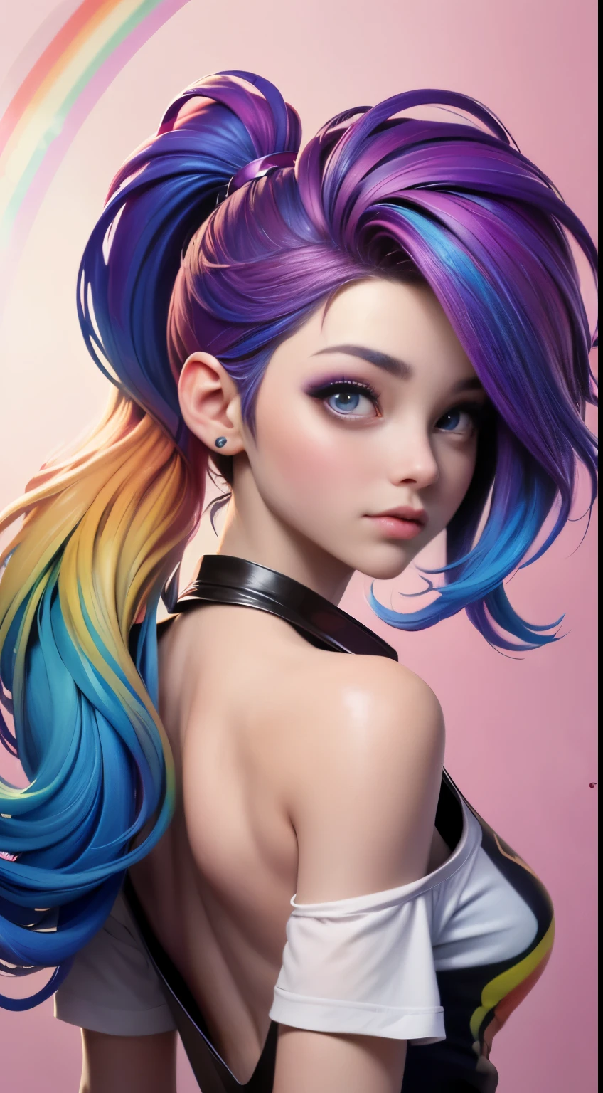 Foto de Jennifer Esposito,fotorrealista,(Camiseta Rosa Moda: 1.9),(Cor do Cabelo: 1.8), (all colors of the rainbow: 1.8),((((pintura vertical:1.6))), (pintura: 1.6),testa, Comics, Illustrations, Tintas, olhos grandes, olhos de cristal,( high ponytail rainbow color gradient:1.7), maquiagem requintada, boca fechada,(Pequeno fresco: 1.5),(Peito limpo: 1.5),(Peito limpo: 1.5) 1.6), longeyelashes, camiseta branca off-shoulder, camisa branca do ombro, looking at the audience, grandes olhos lacrimejantes, (rainbow hair color:1.6), salpicos de cor, (somente: 1.8), respingo de cor, Color explosion, estilo de pintura grossa, messy linerilhante)), (Colouring), (Colouring), (Colouring), Colouring, estilo de pintura grossa, (chapinhar) (salpicos de cor), pintura vertical, parte superior do corpo, Splatter de tinta, Acrylic Pigment, gradiente, pintar, A mais alta qualidade de imagem, very high quality, Masterpiece, floor, profundidade de campo, pintura facial, roupas coloridas, (elegante: 1.2), Beautiful, Cabelos Longos, vento, (elegante: 1.etals: 1.4),((Masterpiece))),((melhor qualidade))),((ultra-detalhado)),(ilustration),(angle dynamic),((Flutuante)),(pintura),((cabelos desgrenhados)),(somente),(1Menina) , (((Rosto anima detalhado))),((Rosto anima detalhado)),(rosto bonito e detalhado )),colar,ombros nus,cabelos brancos, ((Cabelos Coloridos)),((cabelo listrado)),(olhos detalhados bonitos,(gradient color eyes),((Eye Colorationackground Coloring ))),(high saturated))),((surrounded by splashes Colorings))),(arched back, Appearance from behind:1.7)