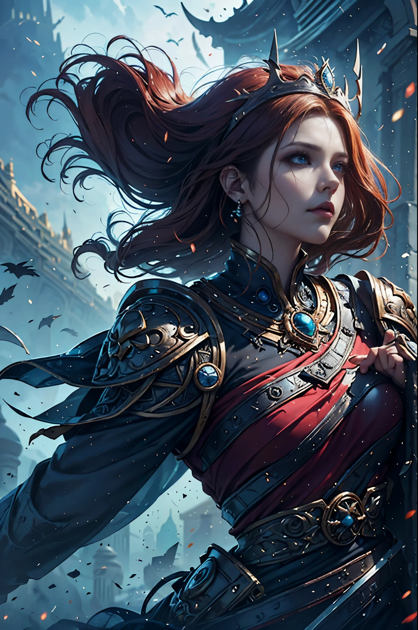 Arab woman in black and red costume holding a sword, a character portrait by Yang J, cg society contest winner, Fantasy Art, epic exquisite character art, Stunning character art, redhead queen in heavy red armor, 2. 5 d cgi anime fantasy artwork, epic fantasy art style, ig model | ArtGerm, epic fantasy digital art style, Battlefield Commander, Invincible female general, brave, Awe-inspiring Hall々, extremely detailed and beautiful eyes, perfect supermodel body, Cloak wrapped in the wind, Battle Master, Veteran Warrior, incarnation of athena, Best Quality, Perfect Angle, perfect-composition, Best Shots, Official art, ciinematic light