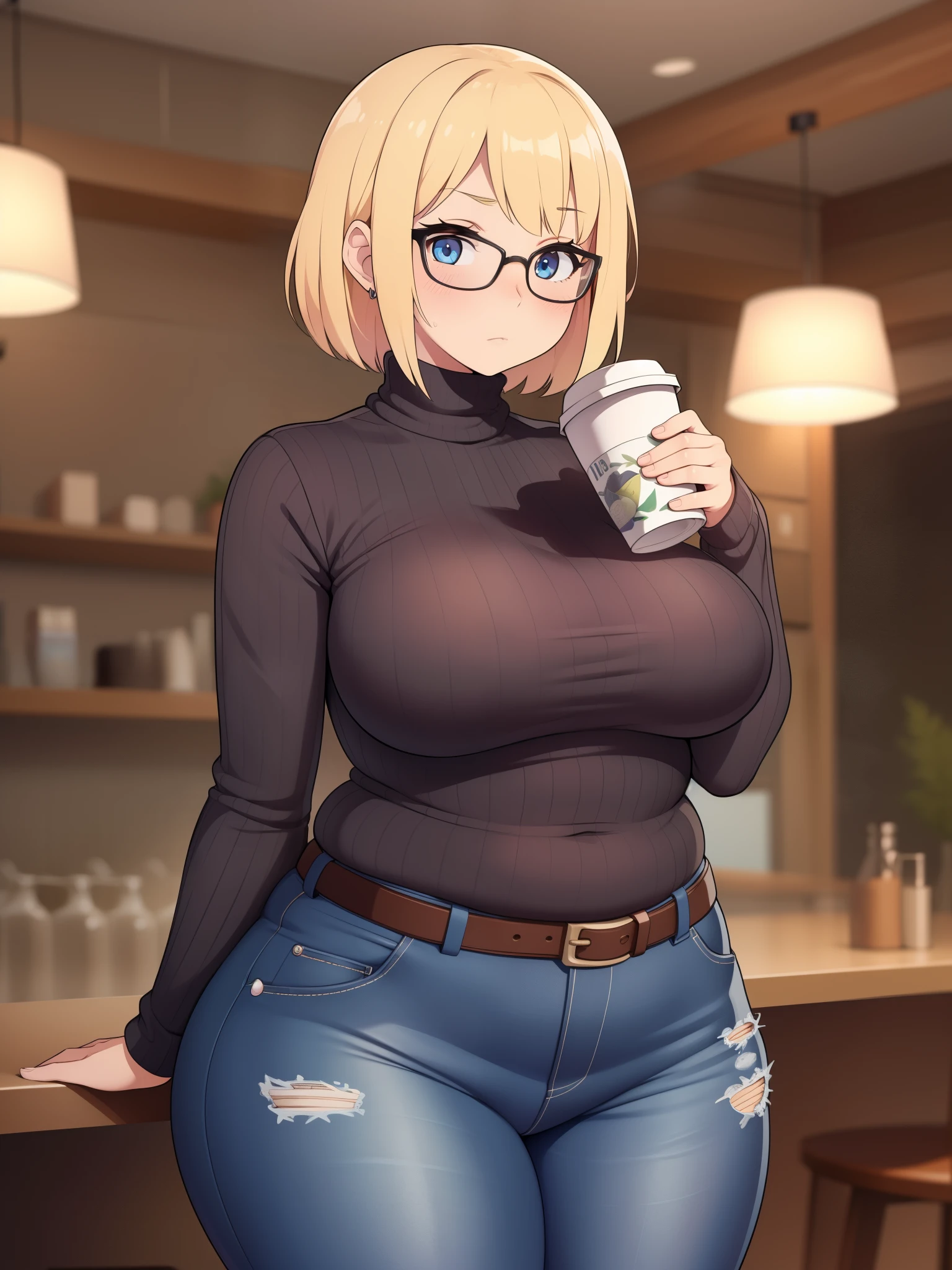 ((Masterpiece)), perfect anatomy, perfect shading, field of depth, (best quality), extremely delicate and beautiful, perfect lighting, detailed face, ultra cute face, cute, (cowboy shot 1.2), full body, (((1girl))), ((solo)), looking at viewer,

short hair, fluffy hair, blonde hair, blue eyes, Glasses, ((blush)), shy, nervous, embarrassed, (black turtleneck sweater 1.5), (jeans 1.2), belt, extremely tight clothes, medium breasts, ((wide hips)), ((thick thighs)), ((chubby)), belly bulge, belly hang, fat folds

coffee shop, intricate background, detailed background, hand on hip, holding coffee cup,