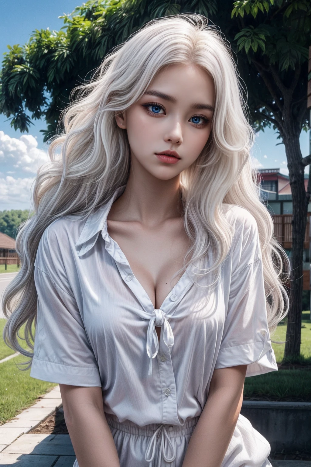 (Masterpiece, realistic, high resolution), (1 girl): 1.2), Korean, ((white wavy hair): 1.3), (heterochromic eyes: 1.1, thick eyebrows, small moles under the eyes), tie, (white shirt, red sports shortedium breasts): 1.2, thighs), outdoor, blue sky and white clouds