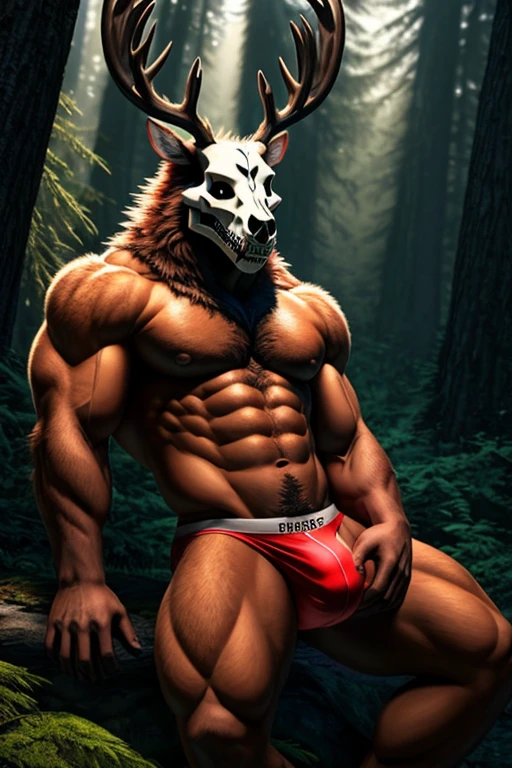 Wendigo, muscular, male, furry, anthro, Forest background, nice lighting, wearing white underwear. Antlers, 4k, 8k. Detailed Body. Skull head.  Relaxed pose. Nice very massive bulge. Sunlight. Bright glowing red pupils. Brown fur.  Sexy pose.  Buff. Manly pose. Teasing. Fluffy chest.